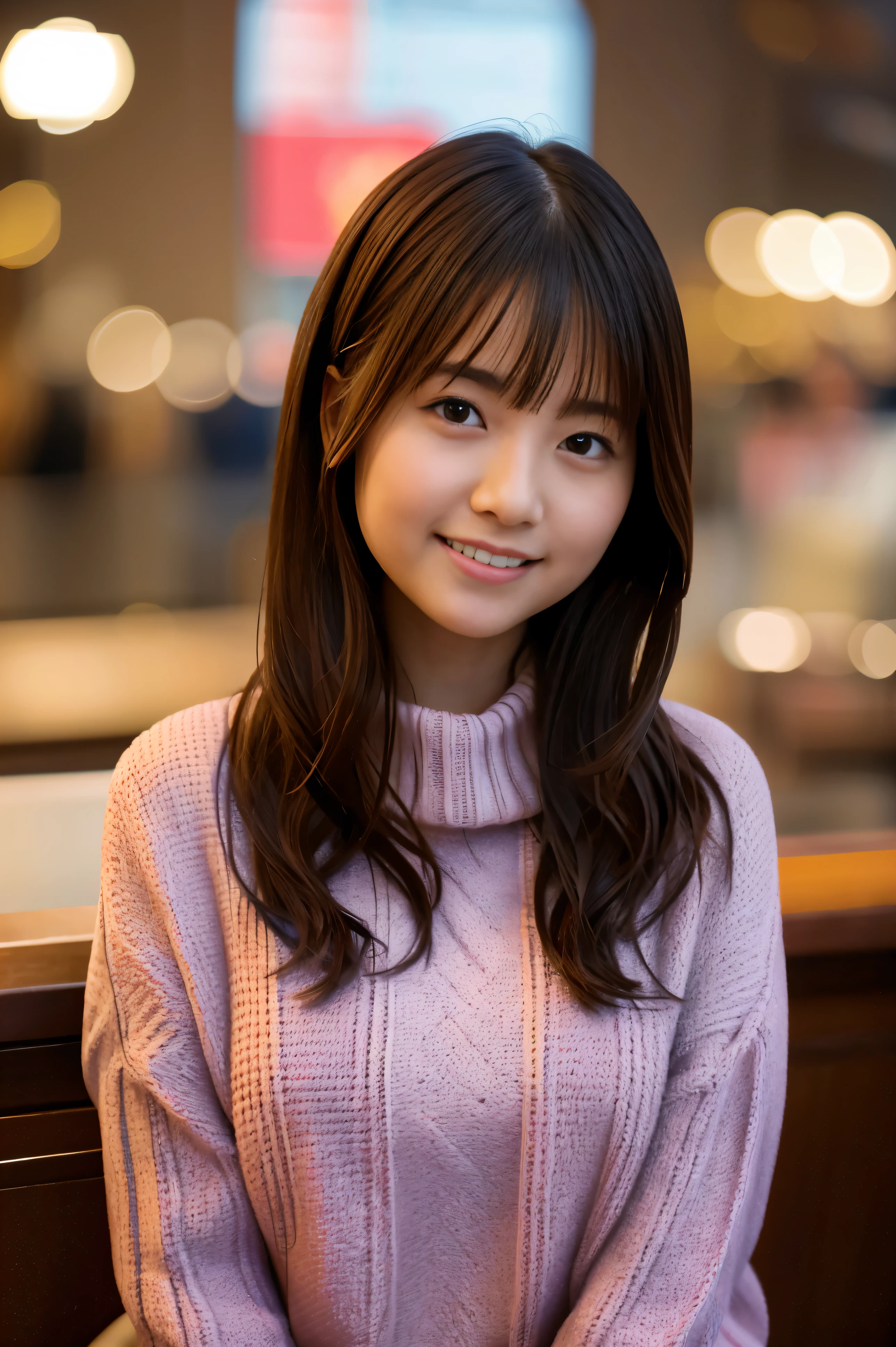 (8K), (highest quality: 1.2), (realistic), (realistic: 1.37), ultra high resolution, 1 girl, cute, smile, closed mouth, beautiful details, beautiful nose, whole body, wet hair, giant dulcefo, pork meat,  thighs、Winter coordination、winter sweater、Fluffy muffler、セクシーなsmile、footbath、hot spring
