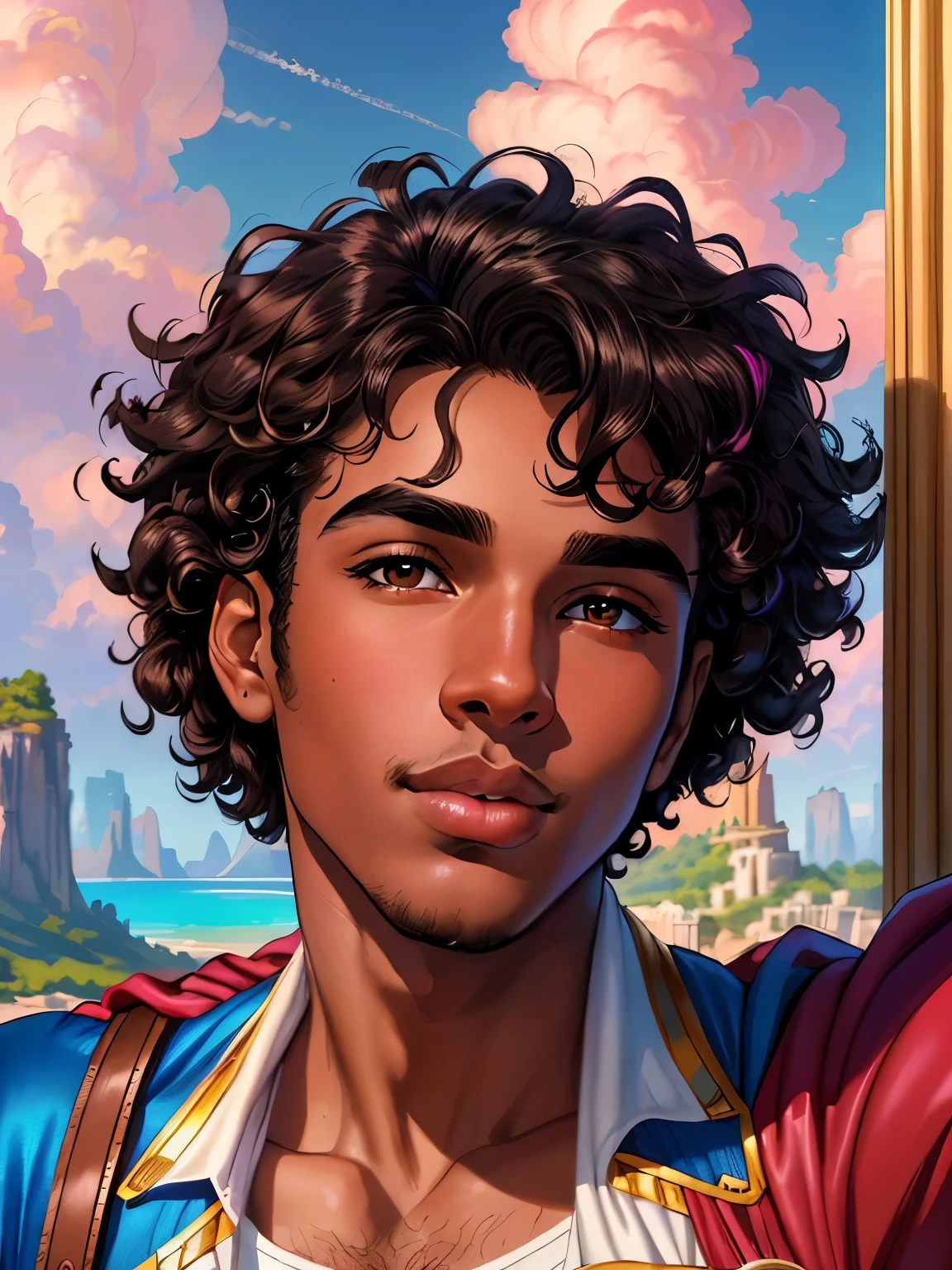 masterpiece, best quality, high quality, extremely detailed cg unity 8k wallpaper, an extremely colorful and purely fantasy in the sky with clouds, brown skin young male with very big black curly hair, big wide nose, pinkish lips, very think eyebrows, skin superman, taking  a selfie while in the blue sky