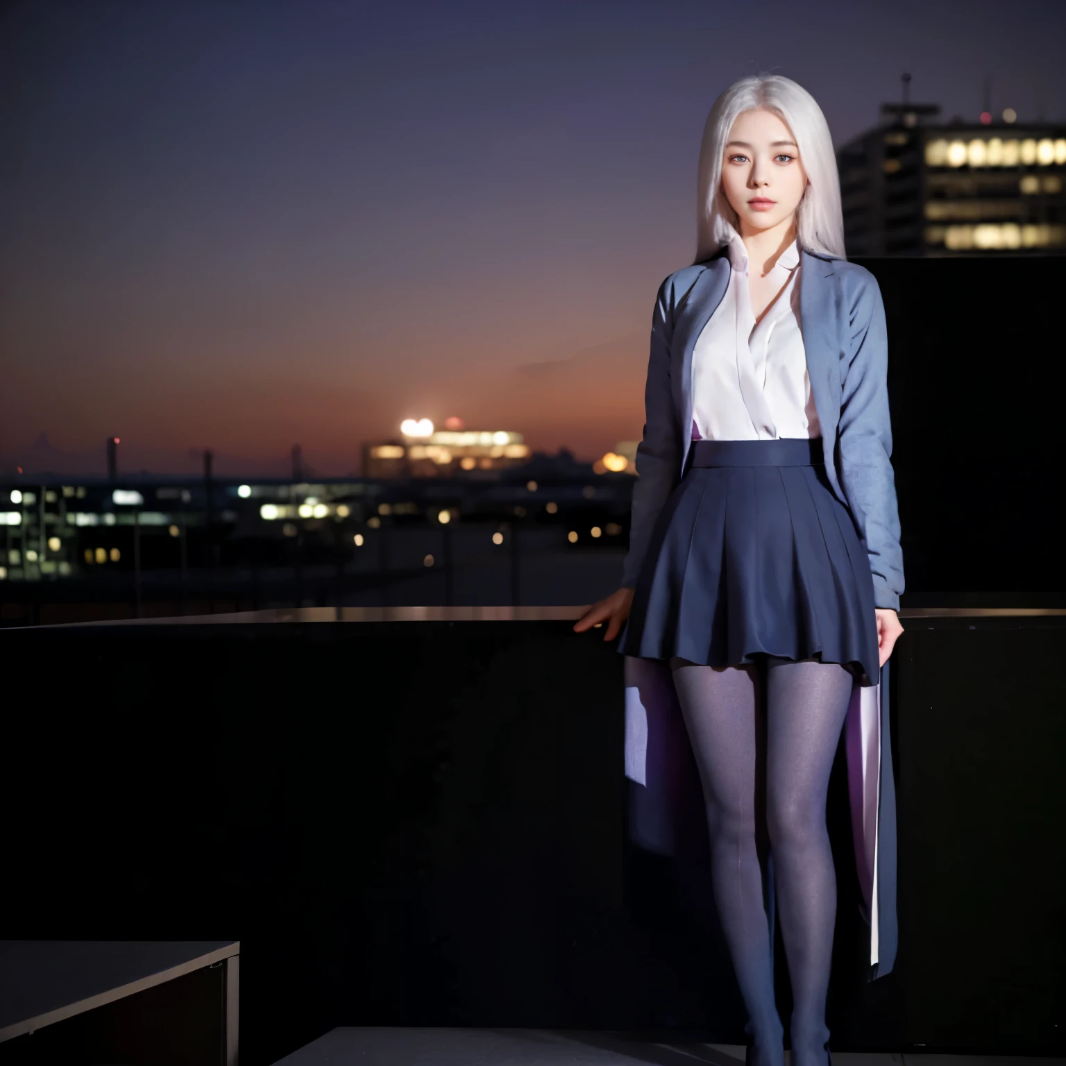 white hair，White eyelashes，Mao purple blue eyes，Wearing a light blue coat，Wearing a violet tight skirt underneath，Very good figure，wearing black stockings，Dark purple high heels，The evening breeze blew through her hair，She sat on the edge of the roof，Quietly looking at the city in the night sky