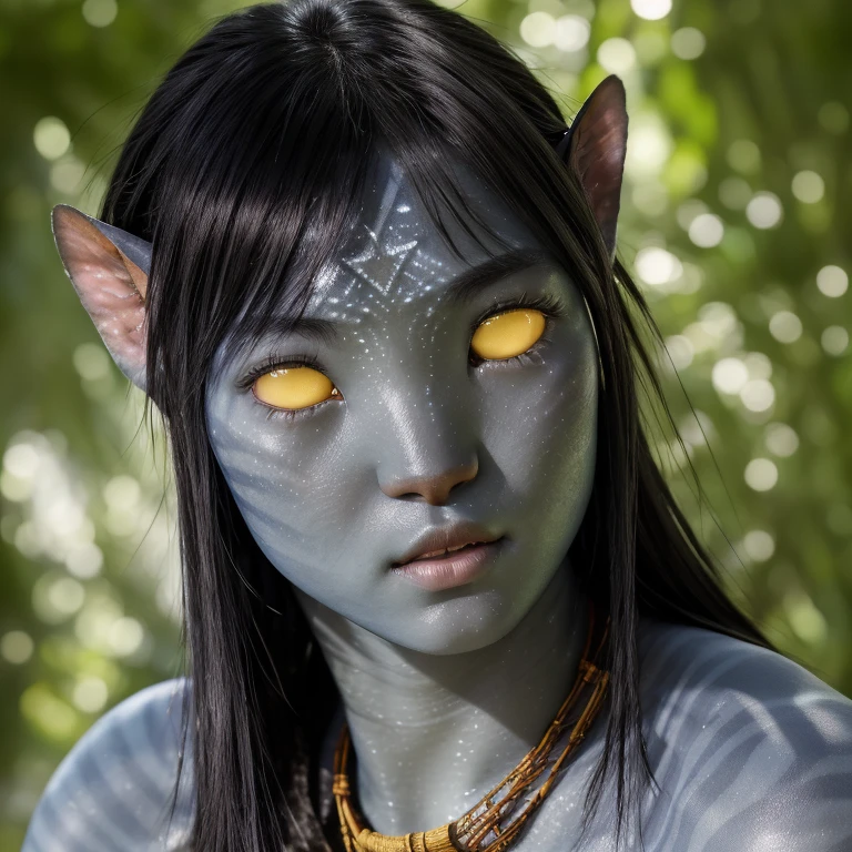 avtr:0.9, avatar style, portrait photo:1.6, 1girl:1, female, (asian, japanese), Rina Fukushi:1, gray skin color:1.0, (gray skin tone:1.3), shirome, (short hair:1.0), black hair color, (teen), teenage, wearing tribal clothing, wearing a top:1.3, wearing a loincloth, detailed eyes, toned body, muscled body, glowing, ethereal atmosphere, natural lighting, textured skin, otherworldly beauty, mesmerizing photography, (best quality, highres), vivid colors, ultrarealistic, skin details, striped skin, sfw, face close-up, (eyebrowless:1.0), ultradetailed body