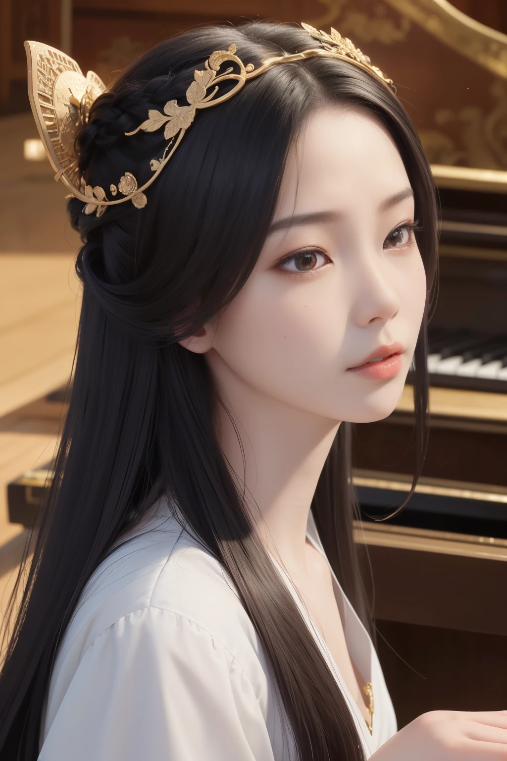 Chinese girl, (ancient hairstyle: 1.1), playing the piano, (ancient clothing: 1.1), (realistic, photorealistic: 1.3), high-definition RAW color photos, (close-up: 1.2), intricately designed traditional clothing, long flowing hair held in place by ornate headdress, (expressive face: 1.2), (intense concentration), hands elegantly positioned over piano keys, (professional lighting: 1.2), ancient Chinese room with dim lighting and wooden floor, (tranquil background: 1.2), (top quality: 1.1), (masterpiece: 1