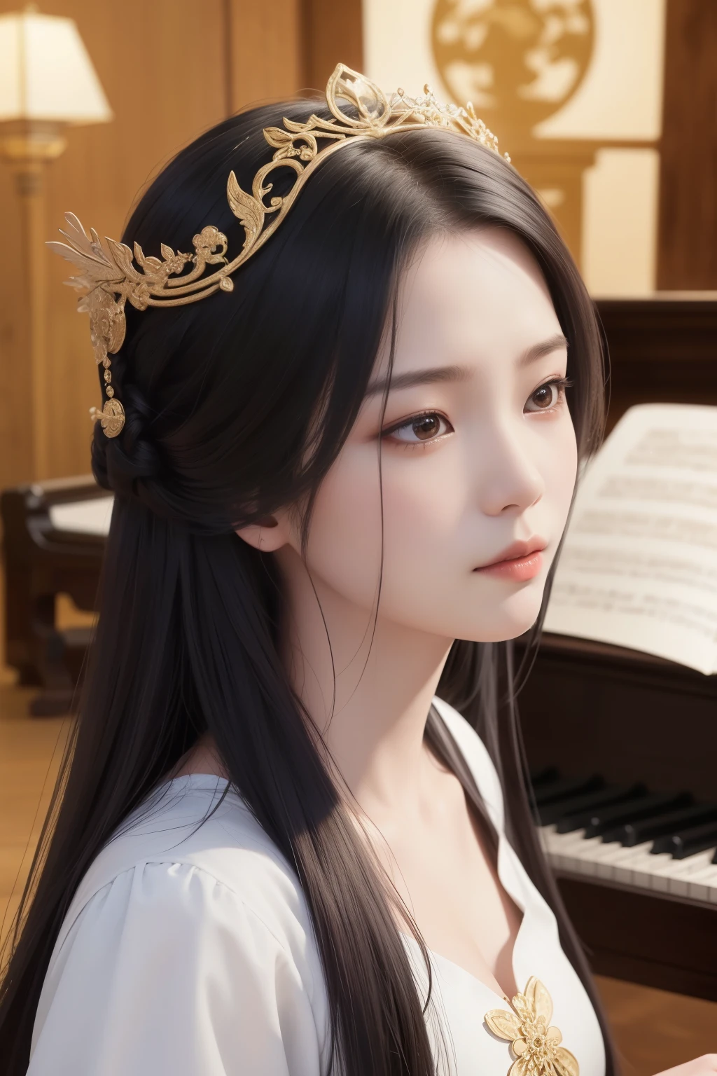 Chinese girl, (ancient hairstyle: 1.1), playing the piano, (ancient clothing: 1.1), (realistic, photorealistic: 1.3), high-definition RAW color photos, (close-up: 1.2), intricately designed traditional clothing, long flowing hair held in place by ornate headdress, (expressive face: 1.2), (intense concentration), hands elegantly positioned over piano keys, (professional lighting: 1.2), ancient Chinese room with dim lighting and wooden floor, (tranquil background: 1.2), (top quality: 1.1), (masterpiece: 1