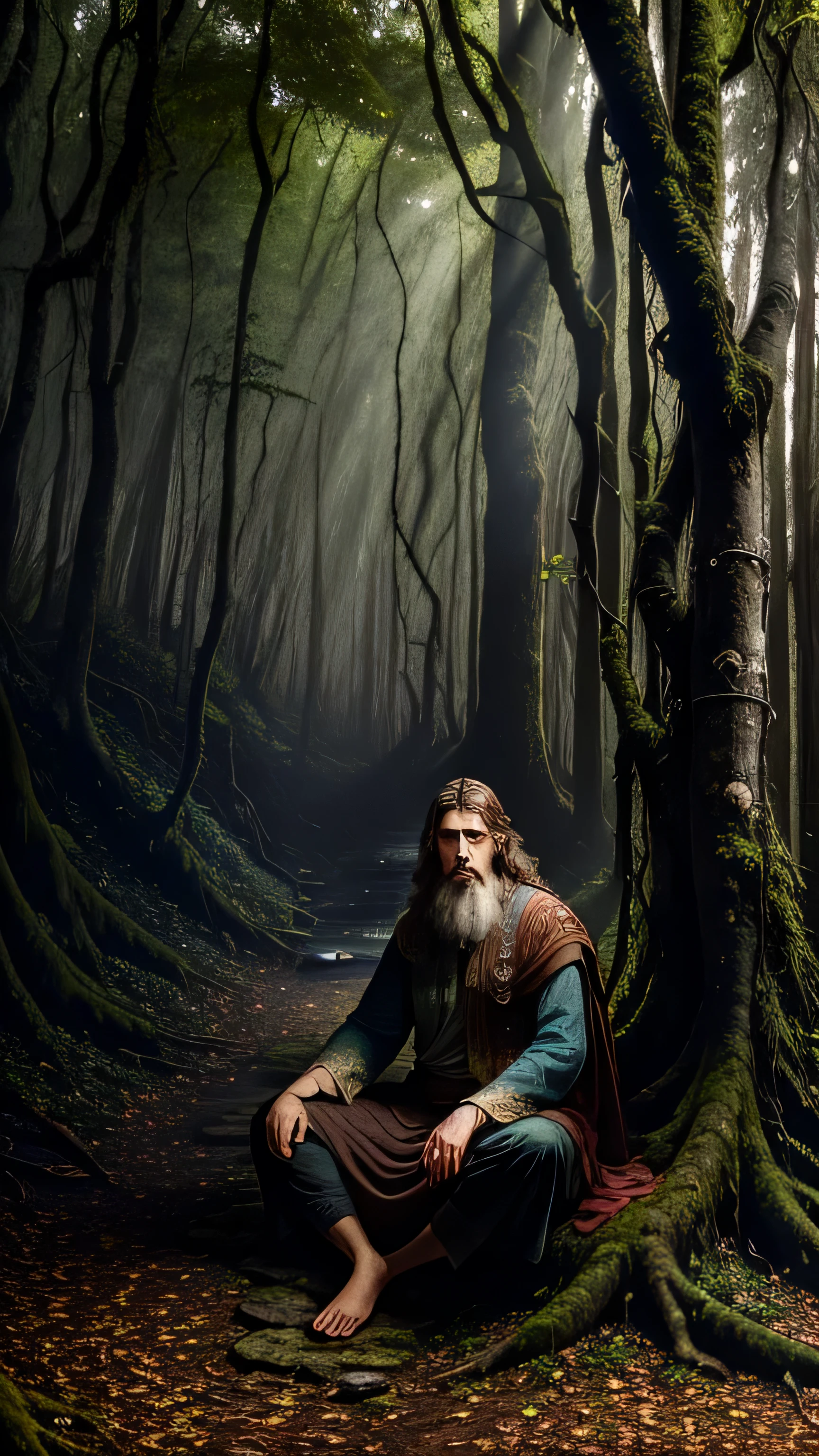 ((Masterpiece)) ((Best quality)) 8K, high detailed, ultra-detailed
A man, dressed in tattered clothing and with unkempt beard and long, matted hair, spends hours in a forest. He is deeply engrossed in his surroundings, sitting cross-legged at the base of an ancient tree, its bark covered in moss and vines. The forest is alive with the sounds of birds chirping, leaves rustling in the wind, and water trickling from a nearby stream. The sunlight filters through the thick canopy, casting dappled shadows on the forest floor. The man seems to have become one with nature, at peace with himself and the world around him. His