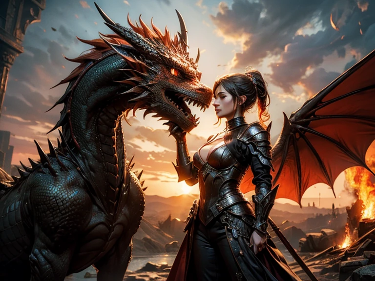 (best quality), (high detail), (1girl), the beautiful queen of the dragons with her most loved dragon, (fire red 1:1), HDR, UHD, 4K, 8K, 3D.