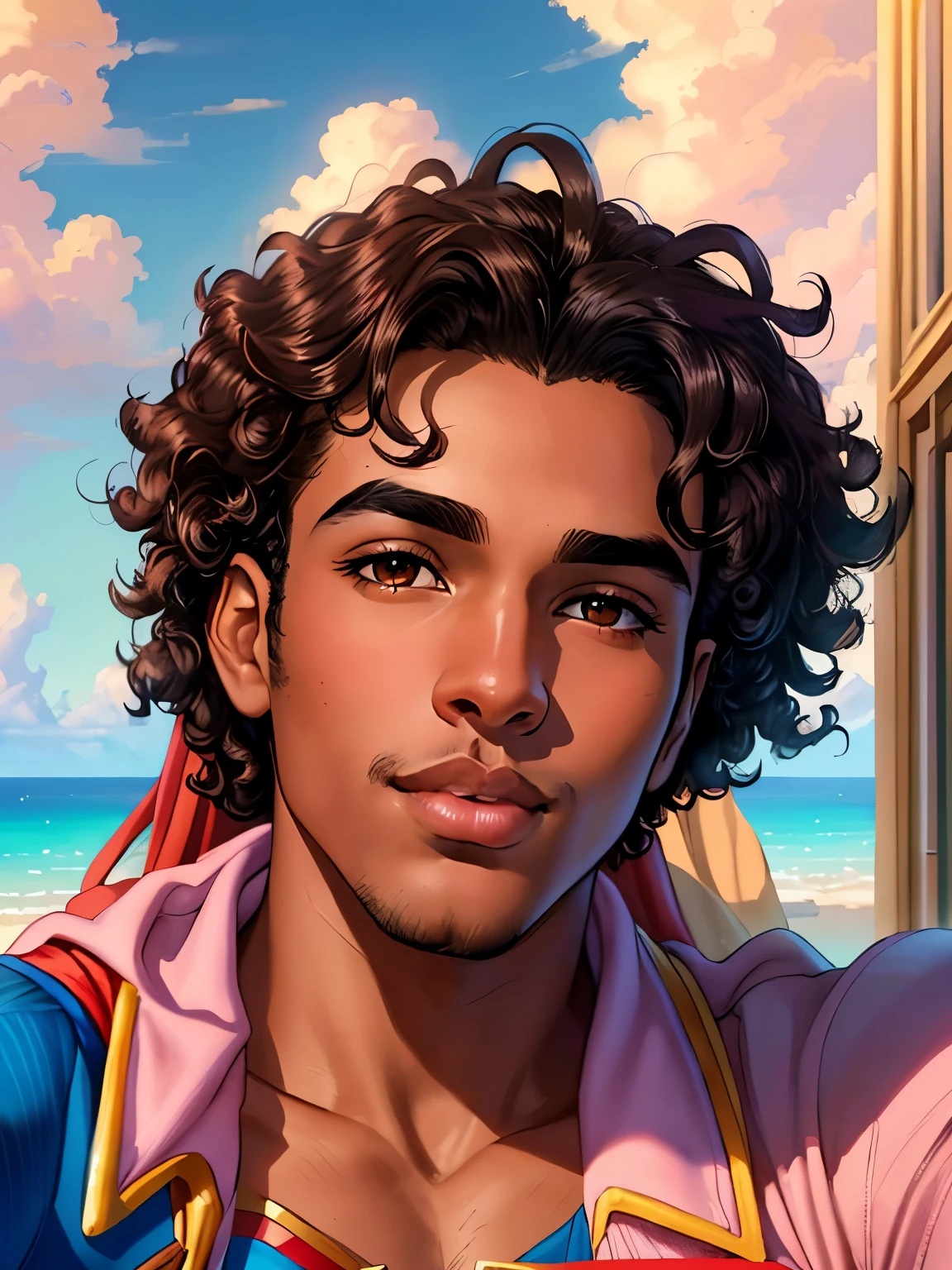 masterpiece, best quality, high quality, extremely detailed cg unity 8k wallpaper, an extremely colorful and purely fantasy in the sky with clouds, brown skin young male with very big black curly hair, very big wide nose, pinkish lips, very think eyebrows, skin superman, taking a selfie while in the blue sky