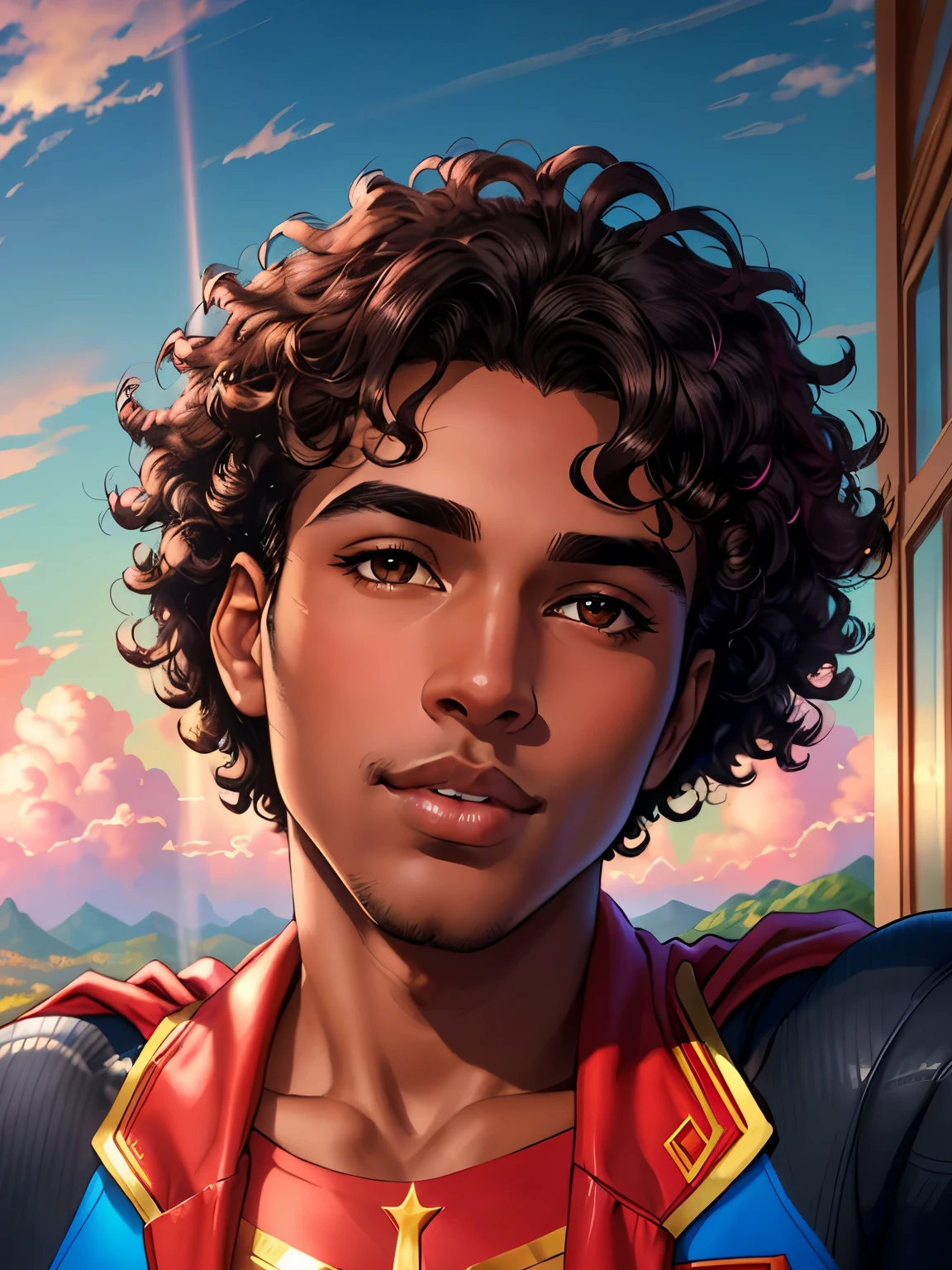 masterpiece, best quality, high quality, extremely detailed cg unity 8k wallpaper, an extremely colorful and purely fantasy in the sky with clouds, brown skin young male with very big black curly hair, very big wide nose, pinkish lips, very think eyebrows, skin superman, taking  a selfie while in the blue sky