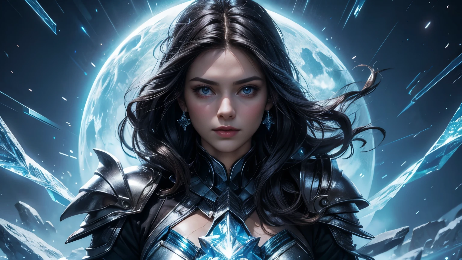 (best quality), (high detail), (1girl), (action pose), a beautiful (dark hair) frost sorceress (ice blue 1:1) looking over her shoulder, wearing radiant magical armor(vibrant color), with ice crystals forming around her, ice storm, ice queen, arctic magic, HDR, UHD, 4K, 8K, 3D.