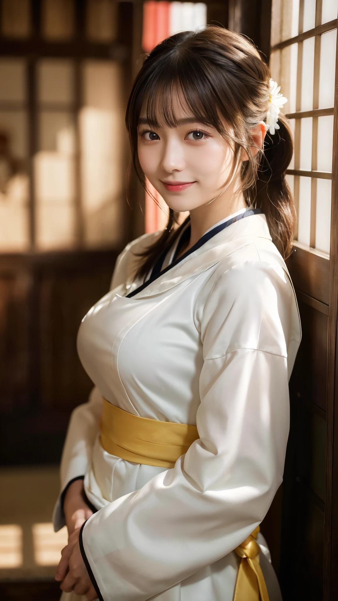 (highest quality,8K quality,masterpiece:1.3),(ultra high resolution,photorealistic:1.4,Live shooting),(Super detailed,caustics),(ultra-realistic capture,Beautifully detailed skin),(Shrine precincts),(shrine maiden costume),18-year-old,Japanese,cute,black long hair,Low ponytail,Smiling and looking at the camera,big boobs,soft light,A ray of light shining from above,Natural light,