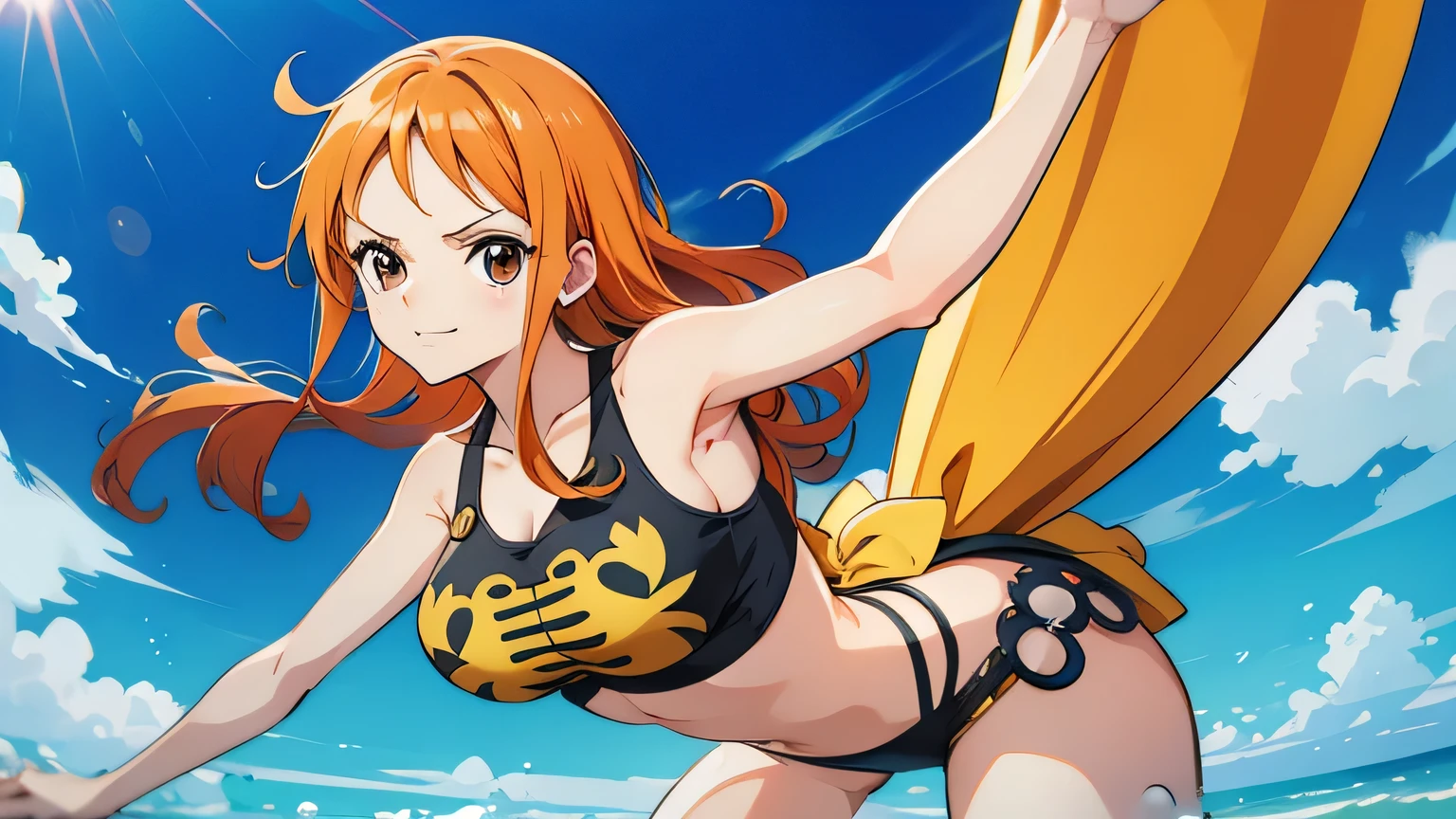 Gere uma imagem realista no estilo anime de Nami de One Piece de costas mostrando a ass. Capture your distinctive appearance with orange hair, uma camisa, and a joyful expression. Certifique-se de que a imagem reflete sua personalidade aventureira e confiante, como mostrado no anime.., corpo completo, Plano amplo ,  CORPO  CURVADO, Fundo da ilha,Bra top, saia, olhos laranja, olhos laranja, axilas