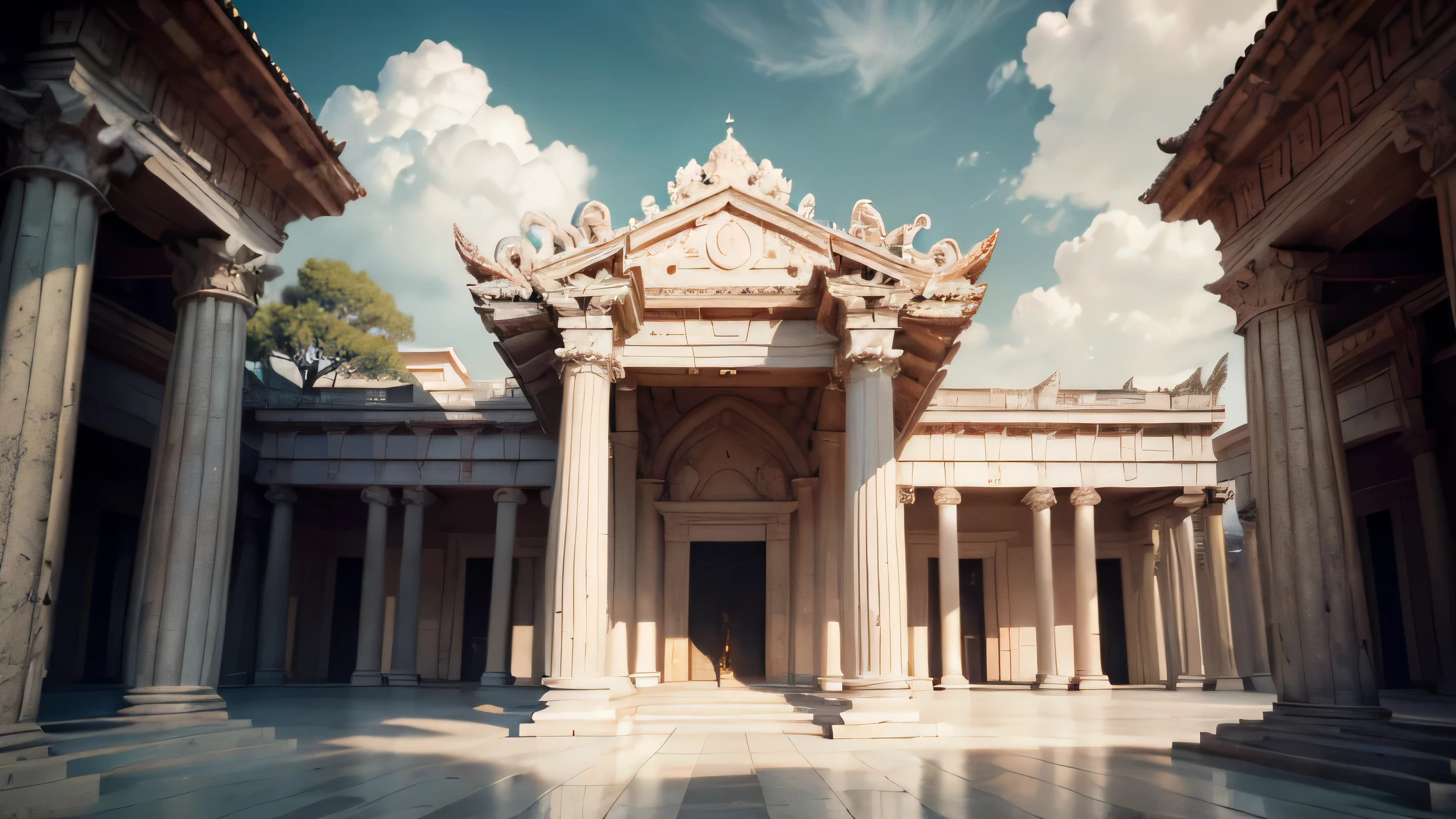 (best quality,4k,8k,highres,masterpiece:1.2),ultra-detailed,(realistic,photorealistic,photo-realistic:1.37),Greek temple,marble columns,sculpted reliefs,golden accents,serene atmosphere,harmonious architecture,detailed floral patterns,soft natural lighting,vivid colors,sun rays peeking through the columns,picturesque landscape in the background,blue sky and white clouds,ancient ruins,impressive scale,grandeur,stunning symmetry,ethereal beauty,idealized paradise,lush greenery surrounding the temple,serene pond with lotus flowers,peaceful ambiance,reflection of the temple in the water,whisper of a gentle breeze,quaint stone path leading to the temple,unblemished perfection,colonnade with graceful arches,ornate pediment,gleaming white facade,shadows dancing on the temple floor,sense of tranquility and spirituality,awe-inspiring structure,poetic harmony between nature and architecture.