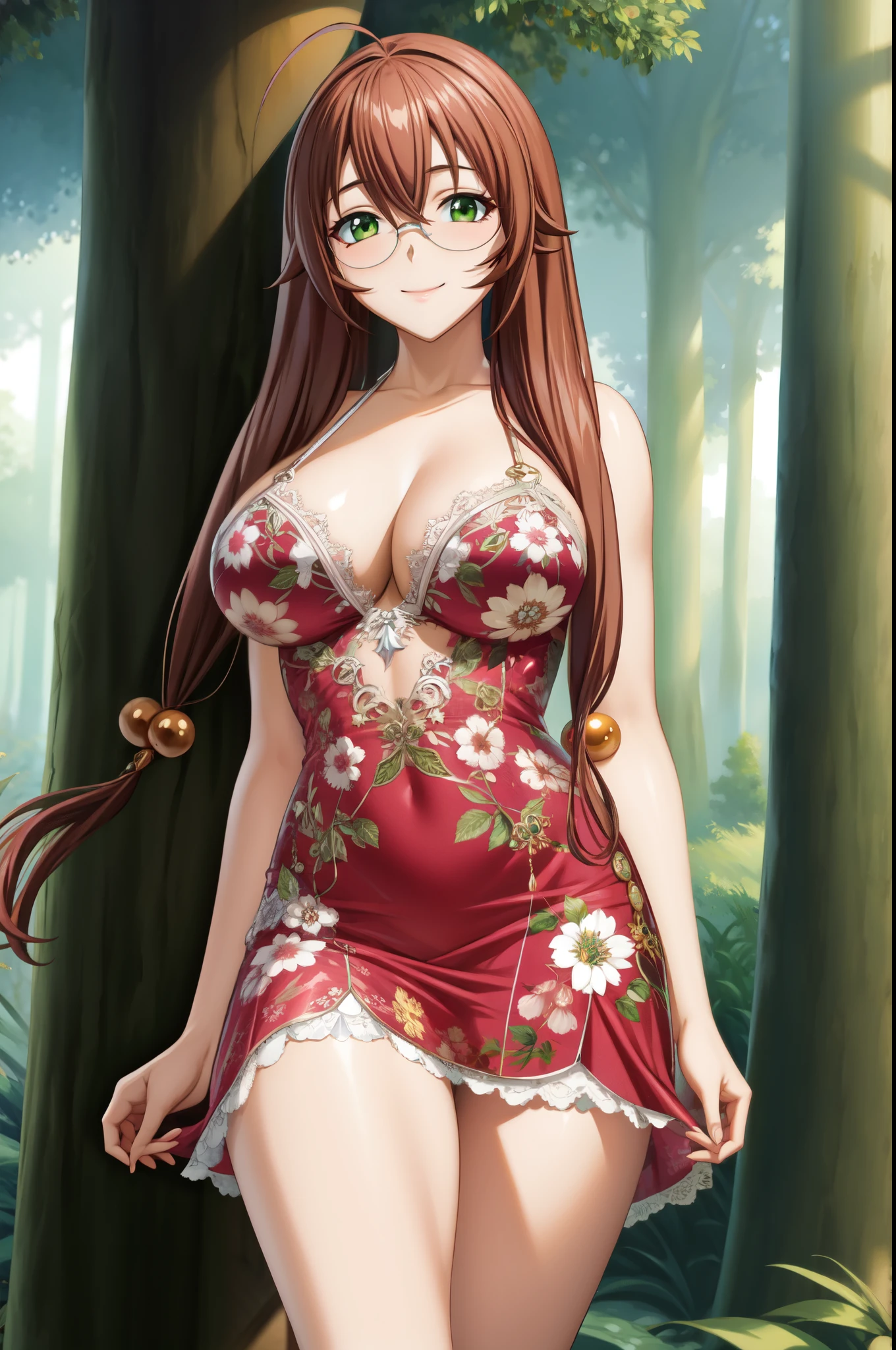 perfect eyes:1.2, detailed eyes:1.4, rubygentokuwz, brown hair, ahoge, twintails, skindentation, smile, grass, nature, glossy skin, very long hair, green eyes, red dress, hair ornament, large breasts, glasses, cowboy shot, 1girl, solo, (masterpiece:1.6, best quality), 8k, insane details, intricate details, hyperdetailed, hyper quality, high detail, ultra detailed, professional, HDR, ray tracing reflection, cinematic lighting,