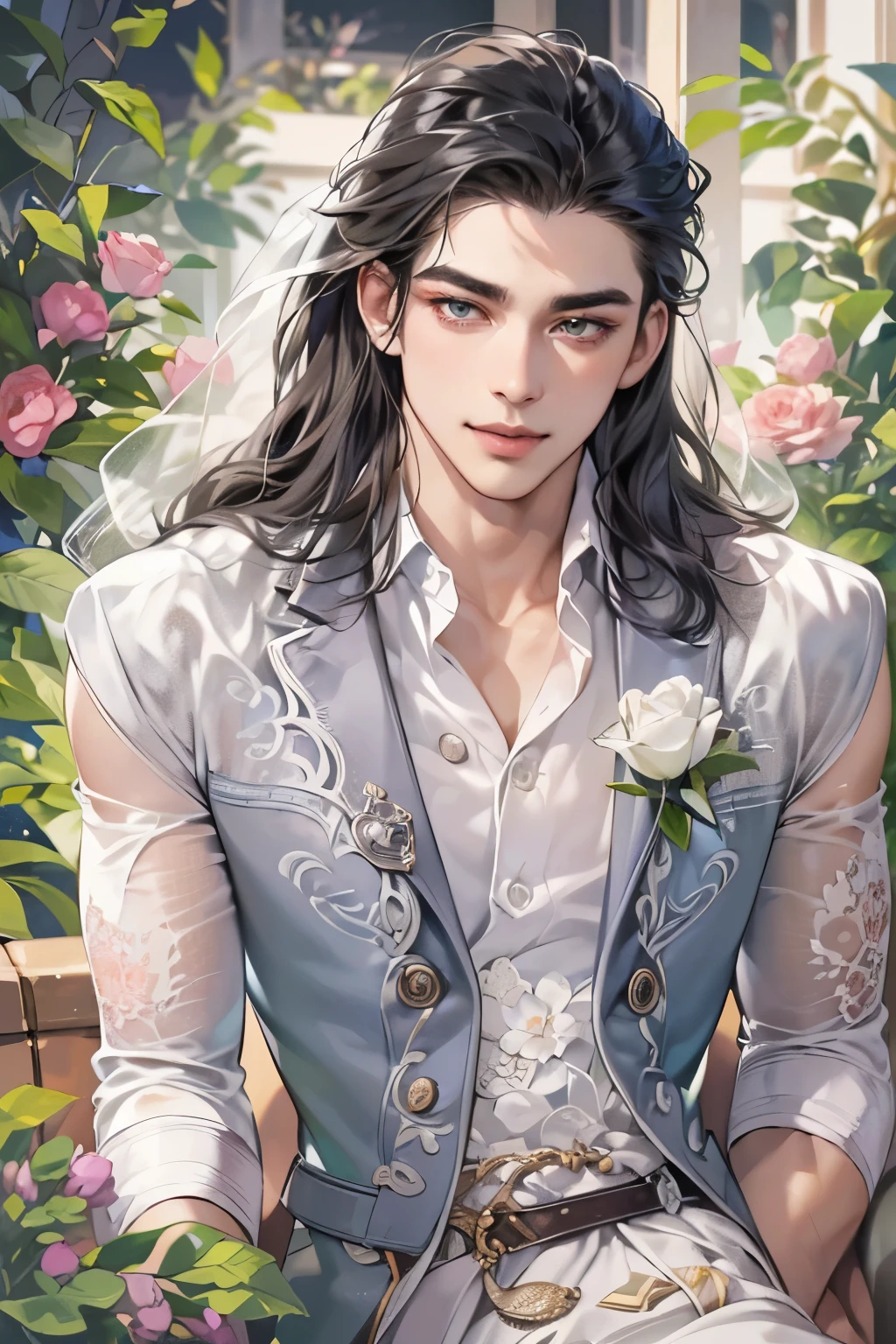 (table top, digital art, digital illustration, 4K, 8K, super detailed, beautiful images, clear image, realistic, RAW photo, perfect face, perfect lines, perfect eyes, soft lighting) ,1 female, (long black hair,straight hair,Bullish gaze,beautiful woman,grace,solid makeup,23 year old female,small breasts:1.3),Two handsome men in suits, (human,muscular,Firm shoulder width, mens,boyish hairstyle,british gentleman's style,A man in his 30s with a cool expression,28-year-old man with bright smile:1.2),白い歯を見せてsmile(embarrassing,shy smile:1.1),A garden full of light、squirt、Resort Sofa、colorful flowers、innocent smile,smile、couple kissing、kiss、the kiss、romance、Mermaid line wedding dress rose bouquet、