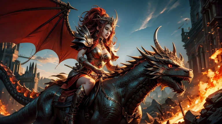 Professional , ​masterpiece、top-quality、photos realistic , depth of fields 、（Dragon Red Metal Body:1.９),(Enamel purple、（cleavage of the breast）、Mystical expression、Dragon Gold Weapon、（Red Micro Bikini Armor:1.４),Gorgeous gold weapons ,Particles of light、（（ Dragon's dense and gorgeous sword）） , （demonic wings）、（（a blond））、（Castle background）、（（Gangle's forest background））、（（Fight dragons））、Beautiful Caucasian beauty、１a person、dynamic ungle,(((Detailed and ornate dragon helmet)))、Smaller head、A smile、Castle background、Thin and beautiful female hands、cleavage of the breast、Soldier in iron armor on background、Mystical expression、Light Effects、intense fighting、Wind-effect、magic circles、With the legendary magic wand、Dragon's tail、explosions、Anatomically correct body、