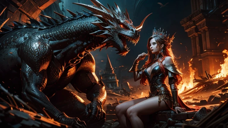 (best quality), (high detail), (1girl), the beautiful queen of the dragons with her most loved dragon, (fire red 1:1), HDR, UHD, 4K, 8K, 3D.