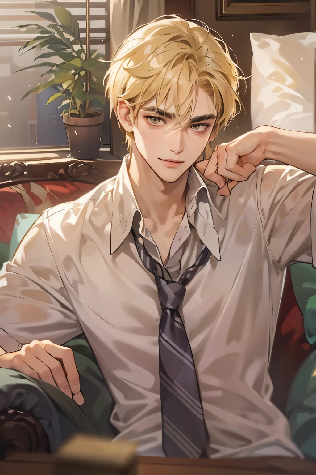 (table top, digital art, digital illustration, 4K, 8K, super detailed, beautiful images, clear image, realistic, RAW photo, perfect face, perfect lines, perfect eyes, soft lighting) humanの男性1名, (blonde,brown eyes,hair between eyes,hair is dirty,short hair,Expressionless,Goofy face,Parallel eyebrows,narrow eyes,smile gently,human,28 years old:1.3),handsome man, (human,business shirt,tie,Thin macho,Firm shoulder width,adult male:1.2),small plants,sleepy face,Frantically opening your eyes,tie緩める,5 minutes before work,Living alone in a 1LDK,Hairstyle check,in the room,Vintage Sofa,Double sofa,Simple Western-style room,white wall,Relax your pants,erection,swollen crotch,hard penis