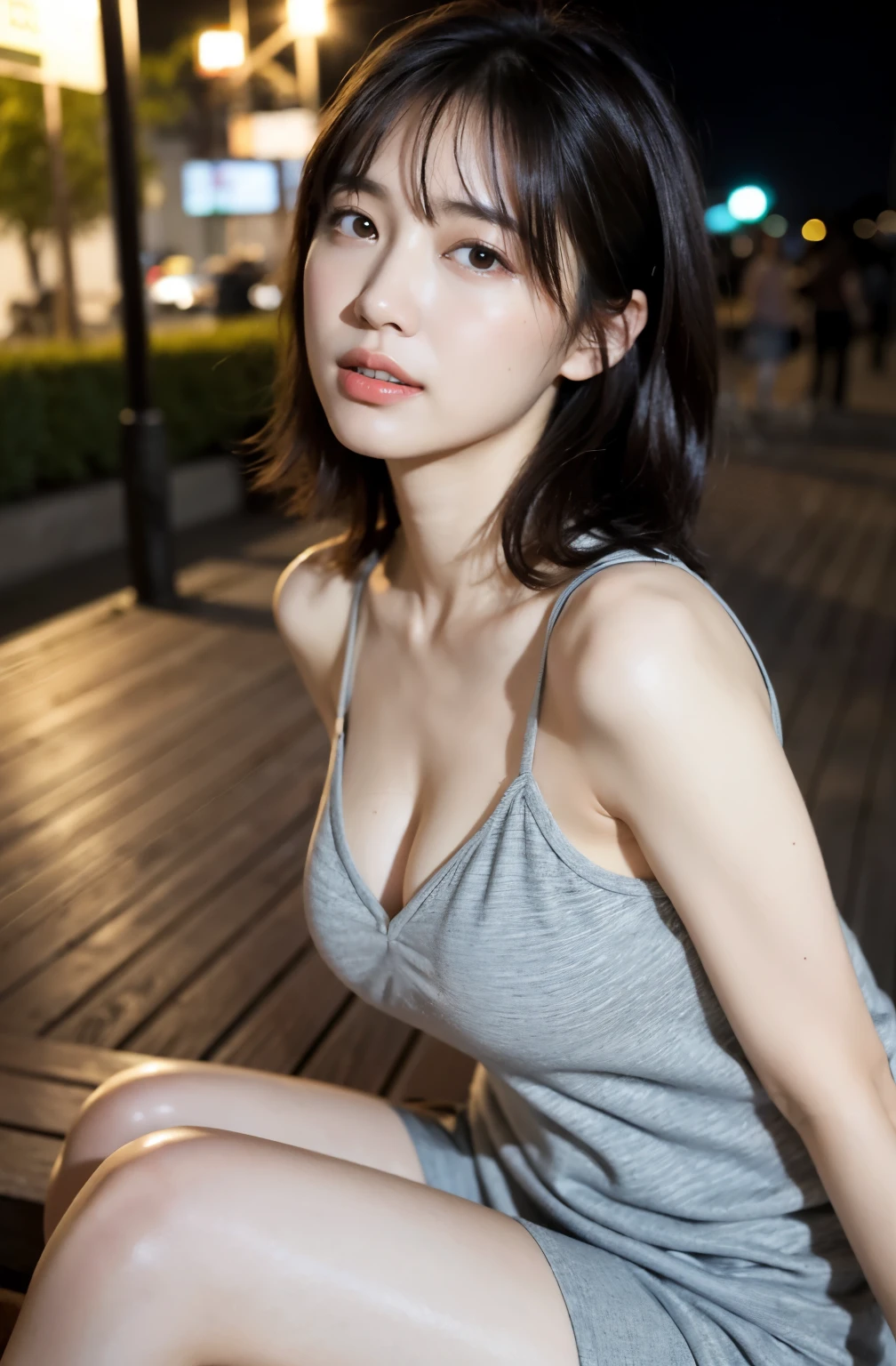 ((8K:1.27)、highest quality、masterpiece、Super high resolution:1.2)beautiful chinese woman in photo(fun:1.1) (shirt:1.21) grace、There is a goods、gradient lighting、1 girl、delicate skin、Look at this、brown eyes、(short hair with bangs:1.2)、(Medium chest:1.0)、(medium areola:0.8)、(realistic:1.4)、(highest quality:1.0)、(Super high resolution:1.0)、8K、Raw photo、(masterpiece:0.2)、(Pueros face_v1:0.5)、 Light gray clothes、camisole、No sleeve、from the knees up、Kamimei、excited look、red cheeks、Do you need it?、While looking at this、stand upright、standing up straight、Straight at the angle of the front、up to the chest、stand upright、sit on a bench、Being drunk、theme、looking down from above、Sounds like fun, doesn't it?、drunk、One shoulder strap is sliding off.、Sweat、