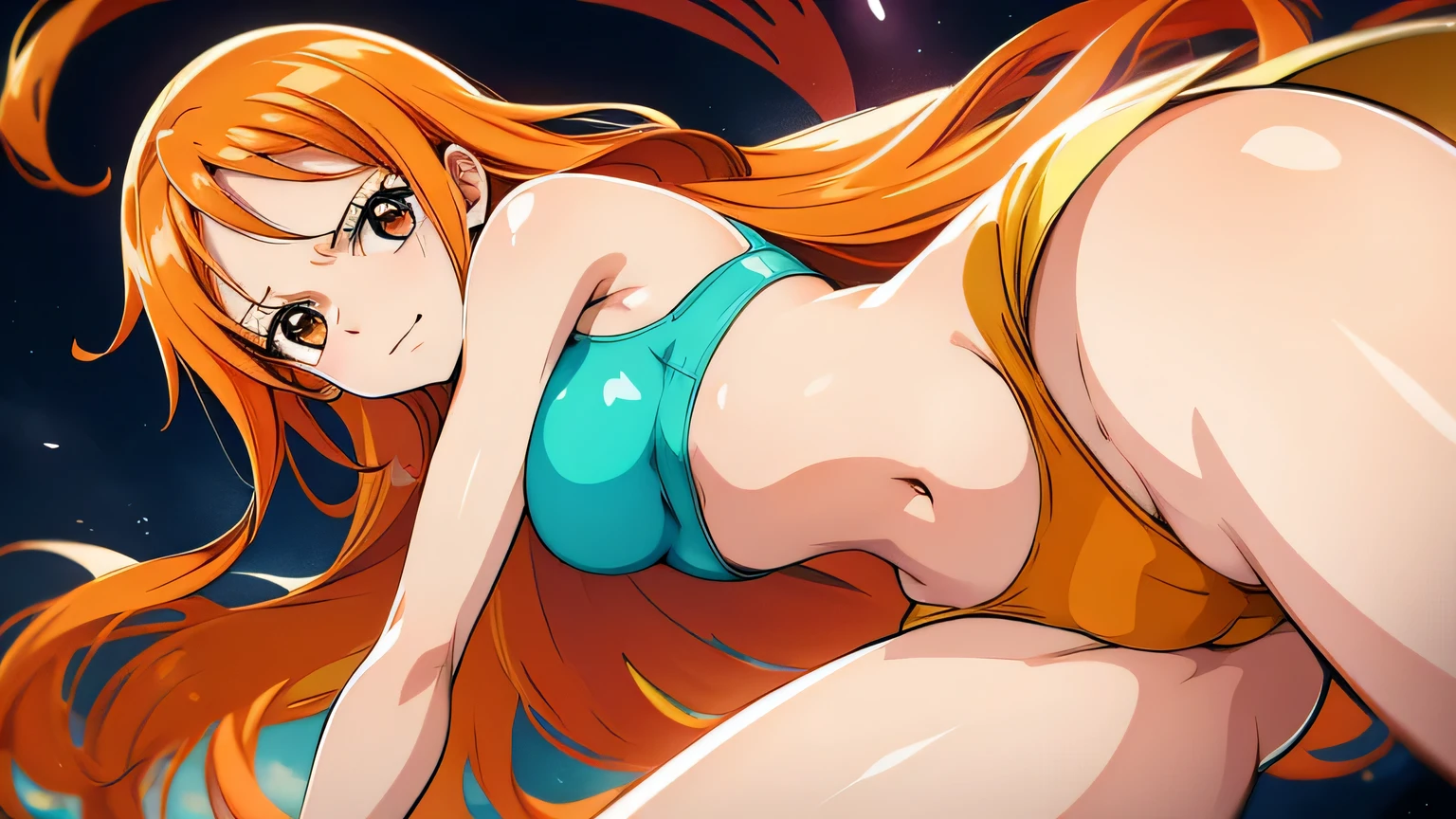 Gere uma imagem realista no estilo anime de Nami de One Piece de costas mostrando a ass. Capture your distinctive appearance with orange hair, uma camisa, and a joyful expression. Certifique-se de que a imagem reflete sua personalidade aventureira e confiante, como mostrado no anime.., corpo completo, Plano amplo ,  CORPO  CURVADO, Fundo da ilha,Bra top, saia, olhos laranja, olhos laranja, axilas