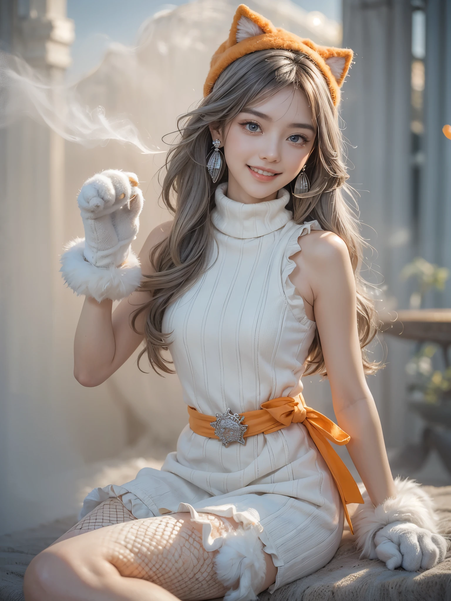 (cute:1.6),(gorgeous, elegant, luxury:1.4), (beautiful still life painting art:1.4), ultra detailed, beautiful, masterpiece, best quality, 
_
BREAK (1girl:1.2), 22 years old, 160 cm, Japanese cute model, Tightened all body, medium Breasts, small head, small face, diamond Face, small nose, Sharp Faceline, Detailed face, Detailed eyes, young hands and fingers, beautiful hands and fingers, five fingers, 
_
BREAK (happy, smile, Glossy Lips:1.5), (Light color lips, Half open mouth, beautiful Teeth:1.2), (dropy eyes, Double eyelid, light color eyes, Shiny eyes:1.5), Shiny skin, 
_
BREAK (arranged hairstyle:1.6), (gray hair:1.2), shiny hair,
_
BREAK (White theme:1.3), (blurry background, mist, fog:1.7),
_
BREAK (cowboy shot:1.5), (sitting:1.5), (random pose:1.4),
BREAK (Black and white theme:1.2), (cute fur and Wool design, elegant, luxury:1.6), (turtleneck and sleeveless dress:1.4), (a lot of orange fur accents:1.4), (fake cat ears:1.2), (Paw gloves:1.6), BREAK (highly saturated (orange, tangerine) and green theme:1.4), (tone on tone:1.3), (wearing tangerine [[crochet]] hat:1.4), (green ribbon:1.4), (sleeveless (orange:1.1) and (white:0.7) [polka dot pattern] sundress:1.4), (bare shoulders:1.3), (suspenders with ruffles:1.2), (green belt with ribbon:1.3), (orange tiered skirt with ruffles:1.3), (platform HIGH boots:1.1), (green ribbon on head:1.3), BREAK (fishnet stockings:1.3), (earrings shape of mandarin oranges:1.2),