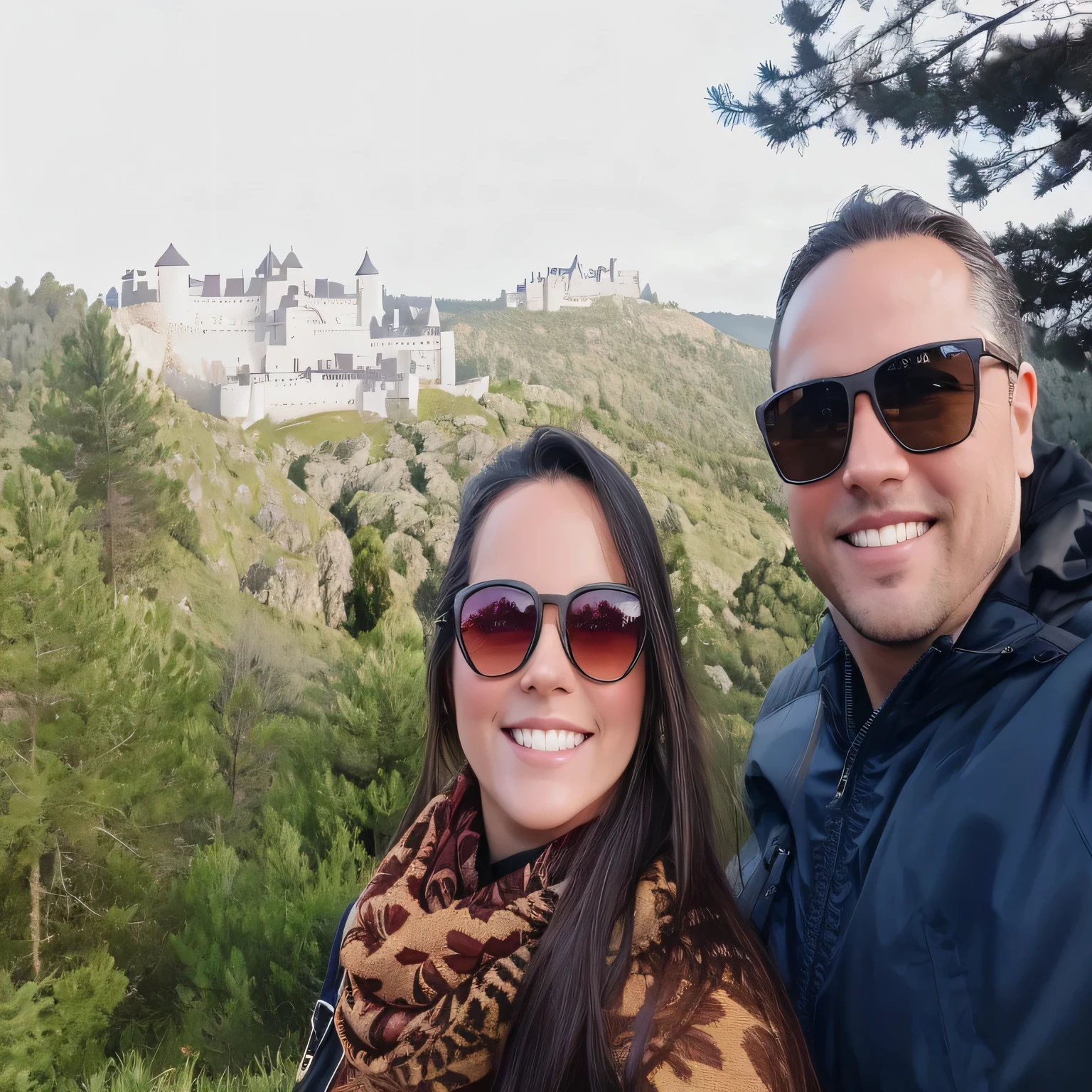 They are posing for a photo in front of a castle, with a castelo ao fundo, com montanhas ao fundo, com montanhas ao fundo, vacation photo, Minas Tirith ao fundo, castelo ao fundo, ( castelo ao fundo ), com montanhas como pano de fundo, Arrendajo em Avila Pinewood, Epic mountains in the background