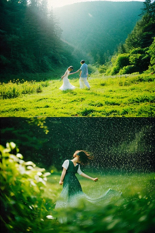 Gentle rain mixes with sunlight and dances in a natural landscape、old photograph、faded film、beautiful like a movie