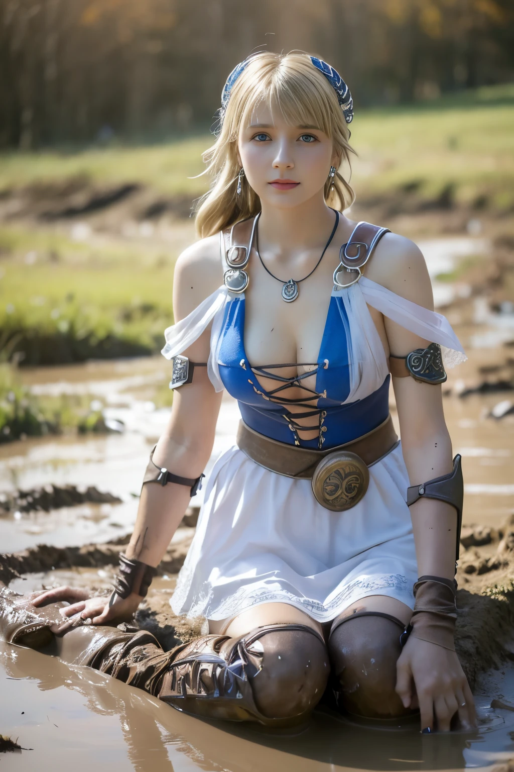 Dirty Sophitia,dirty sophitia,upper body up,close up of face,Sophitia with a pained expression on her face,Sophitia frowns.,surreal写真, 泥にdirty sophitia, open your mouth, bright red lipstick, Mud flows thickly over my body, high heels covered in mud, choker with mud, muddy decollete, There&#39;s mud on my face, Muddy face, 18 year old woman covered in mud,､ Underbust corset with mud splash, muddy white fishnet tights, hair covered in mud, muddy corset,  medium chest size, long legs,, Natural skin texture with plenty of mud, 4K texture,  outdoor atmosphere, surreal,Sophitia covered in mud,Sophitia covered in mud､blonde dirty hair,blonde long hair,Braid,blue eyes,jewelry,arm,cleavage,sword,armor,shield,earrings,single Braid,belt,covered nipples,armored ドレス,hair ornaments,holding arm,Very long blonde hair,lips,bare shoulders,bangs,gloves,hair ribbon,necklace,skirt,clavicle,feather,revealing clothes,bangle,elbow gloves,greek clothing,Braided ponytail,High resolution, scenery,masterpiece,very dirty clothes,dirty smell,lie on your back in the mud,swim in the mud,fall into the mud