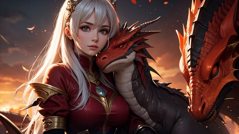 (best quality), (high detail), (1girl), the beautiful queen of the dragons with her most loved dragon, (fire red 1:1), HDR, UHD, 4K, 8K, 3D.