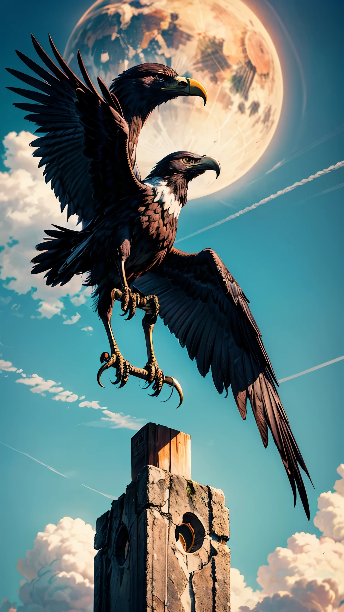 A crow pecking at its neck eagle's neck, against a vibrant sky