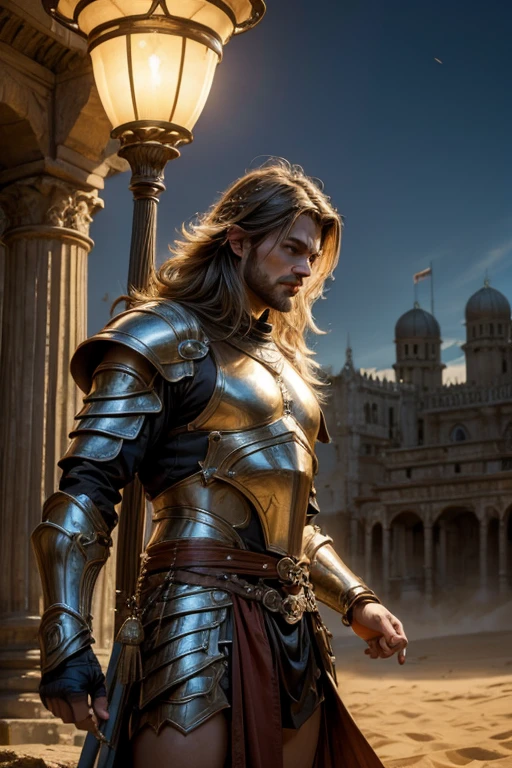 (best quality,4k,8k,highres,masterpiece:1.2),ultra-detailed,(realistic,photorealistic,photo-realistic:1.37), arabian warrior, long scymithar, fighting, goblins, intense battle, detailed armor, intricate patterns on armor, flowing robes, sand dunes, fierce expression, sandstorm in the background, dramatic lighting, vibrant colors, epic fantasy, magical atmosphere