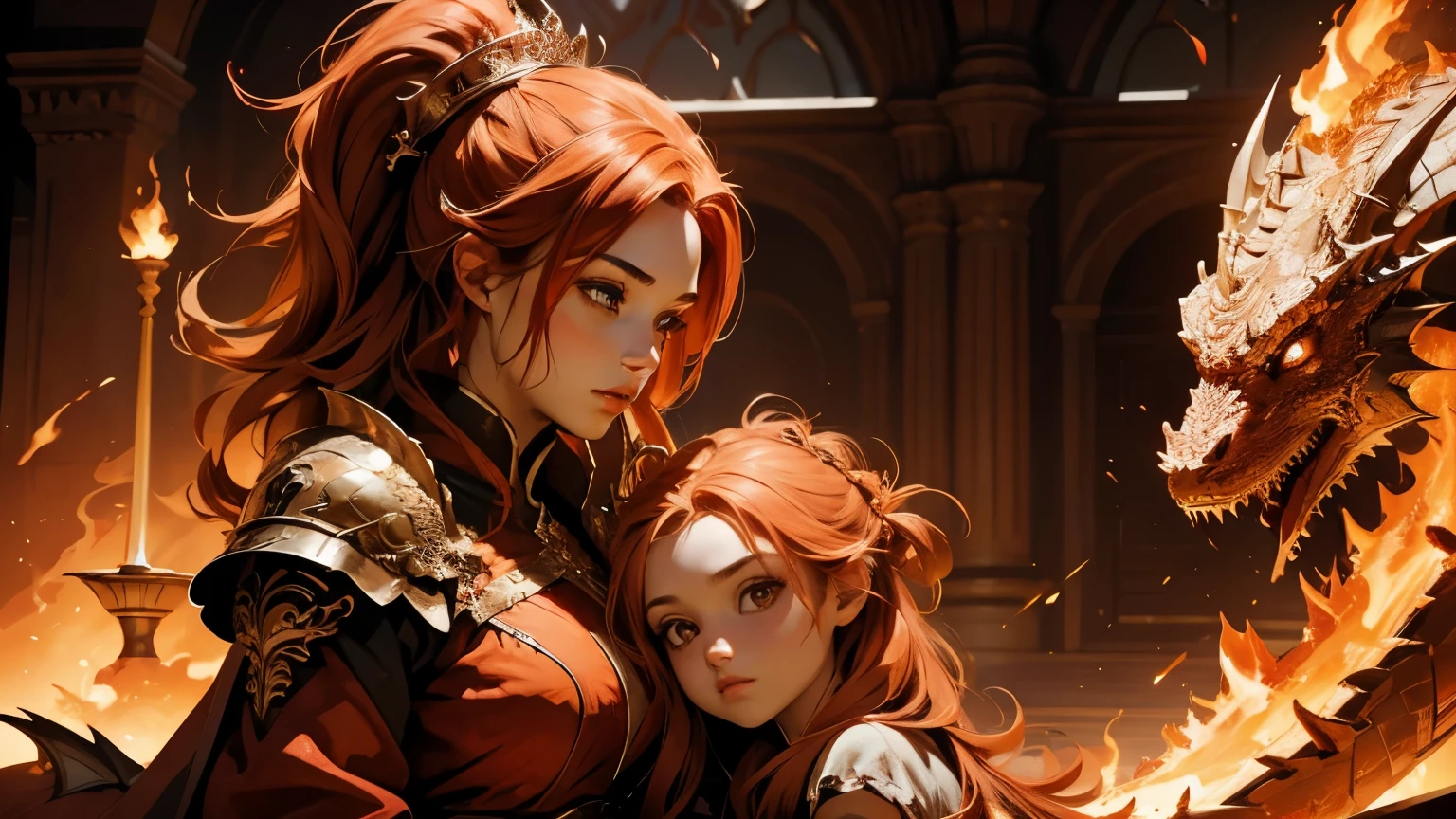 (best quality), (high detail), the beautiful queen of the dragons with her most loved dragon holding her daughter, (fire red 1:1), HDR, UHD, 4K, 8K, 3D.