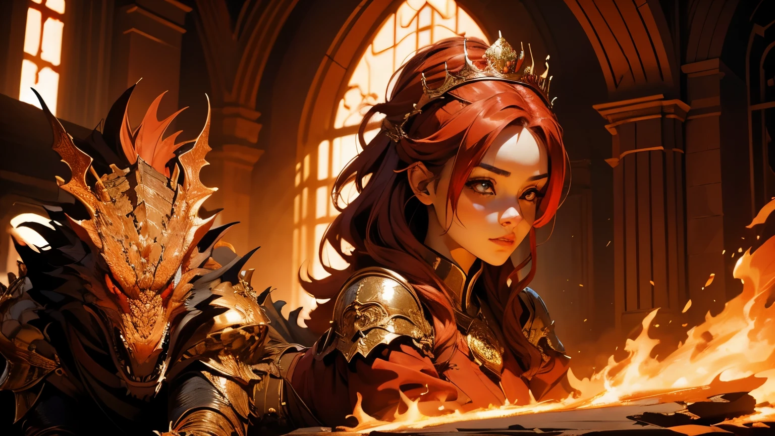 (best quality), (high detail), (1girl), the beautiful queen of the dragons with her most loved dragon, (fire red 1:1), HDR, UHD, 4K, 8K, 3D.