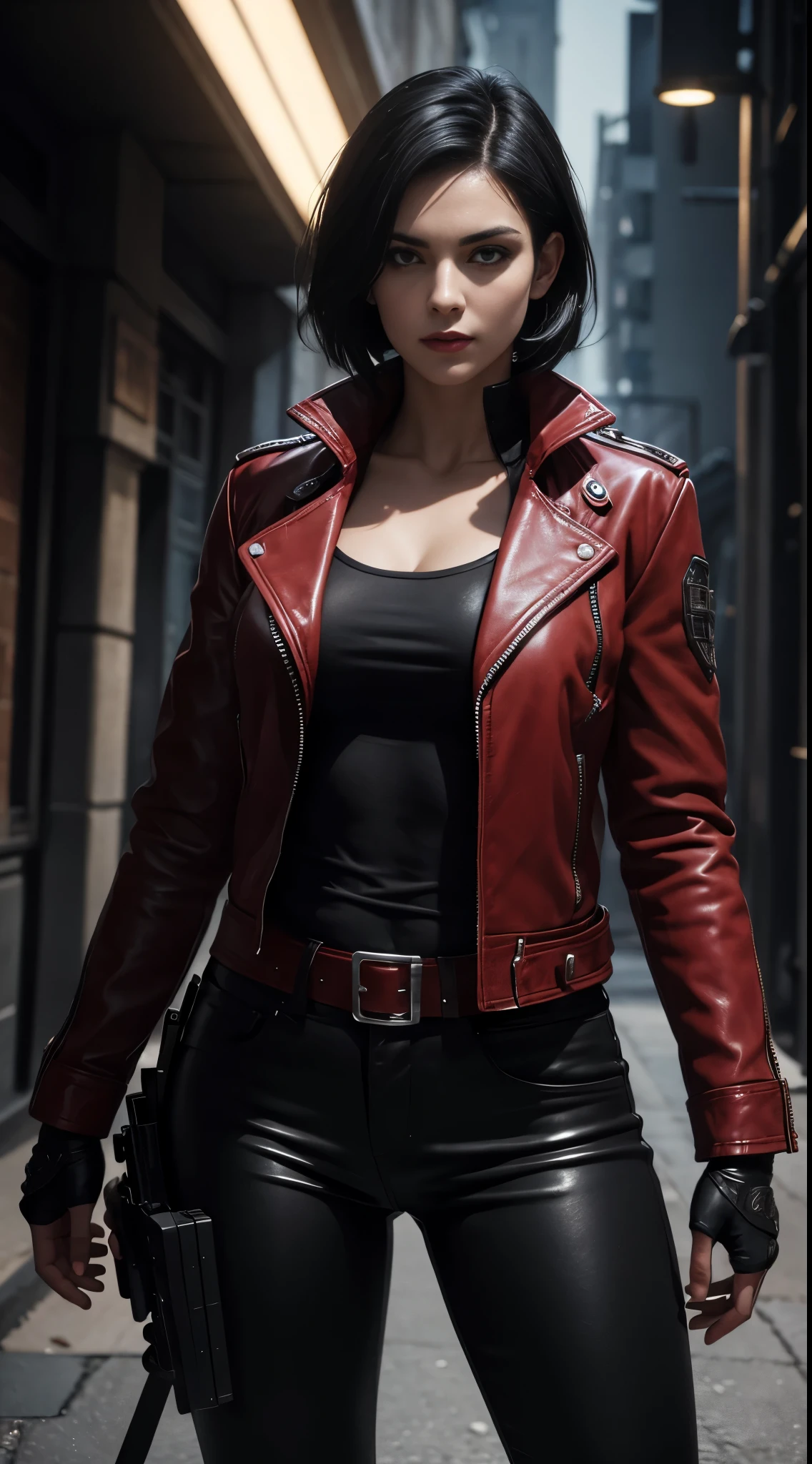 a beautiful 25 years old British female vampire mercenary with short black hair, pale skin, wearing red leather jacket and black tight pants, holding dual handguns, view from front, waist up shot, dynamic pose, ambient lighting, photo realism, intricate face detail, intricate hand details, highly detailed, vibrant colors, cinematic, high definition, trending on Artstation--style raw