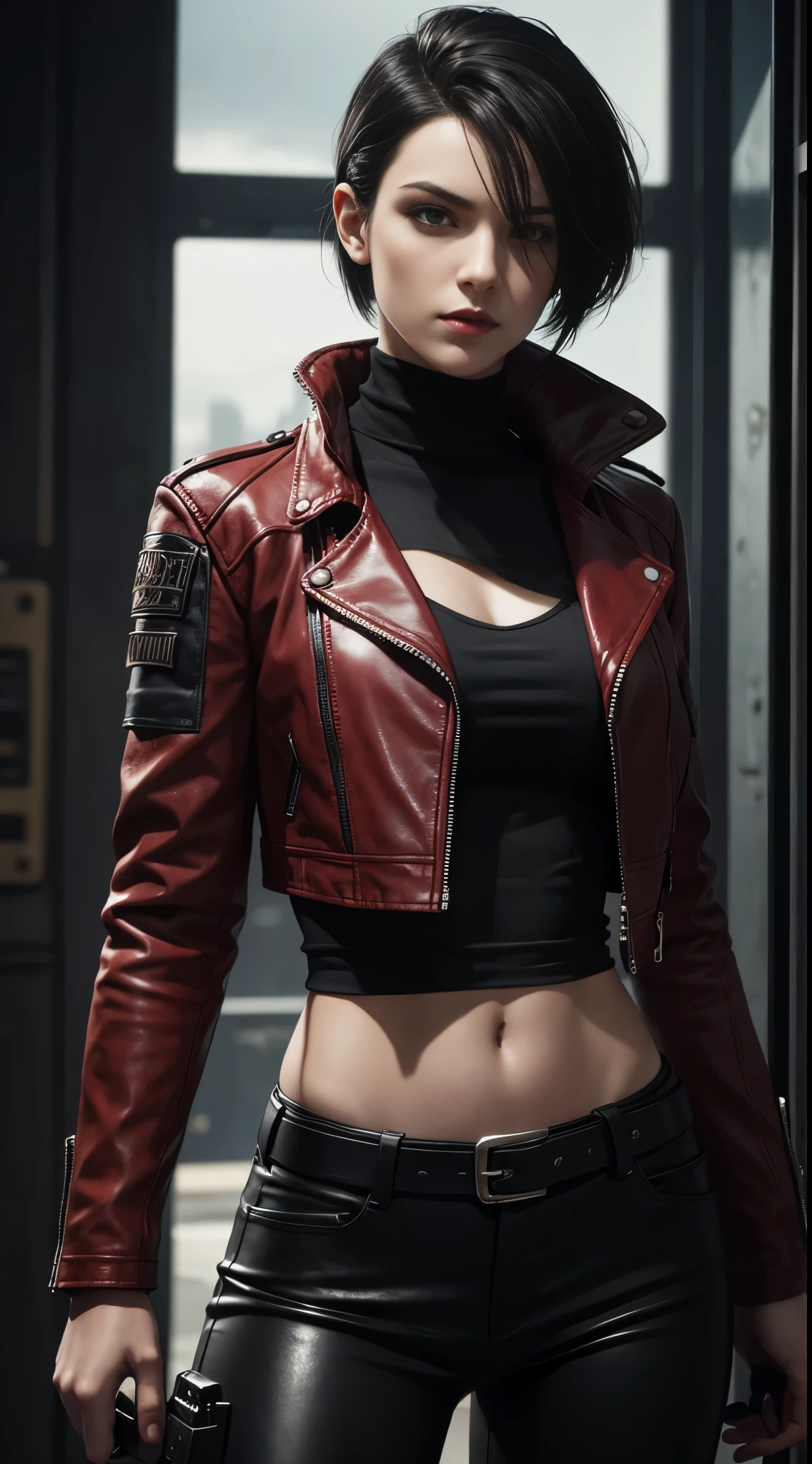 a beautiful 25 years old British female vampire mercenary with short black hair, pale skin, wearing red leather jacket and black tight pants, holding dual handguns, view from front, waist up shot, dynamic pose, ambient lighting, photo realism, intricate face detail, intricate hand details, highly detailed, vibrant colors, cinematic, high definition, trending on Artstation--style raw