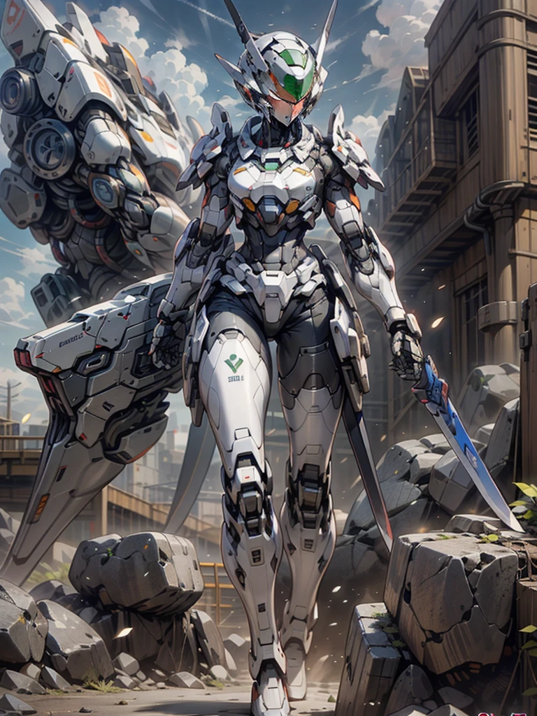 ((Best Quality)), ((Master Works)), (Very Detailed: 1.3), 8K, cool painting, full of sci-fi atmosphere, blue mecha looking up sideways at the sky, blue, gilded blue, holding a sword, swords scattered, streamlined blue armor, complex weapons and equipment behind it, Gundam humanoid mech, anime mecha aesthetics, perfect body proportions, head-up view, standing posture, military giant mecha, missiles, rocks, futuristic technology, realism, dark clouds in the sky, dark war background, Ray Tracing, Light Particle, NVIDIA Trtx, Super Resolution, Unreal 5, Subsurface Scattering, Specular and Albedo Mapping, Rule of Thirds, Large Aperture, Battle Stance, 8K Raw Data, High Efficiency Subpixels, Subpixel Convolution, Light Particle, Light Scattering, Tyndall Effect, Ray Tracing.