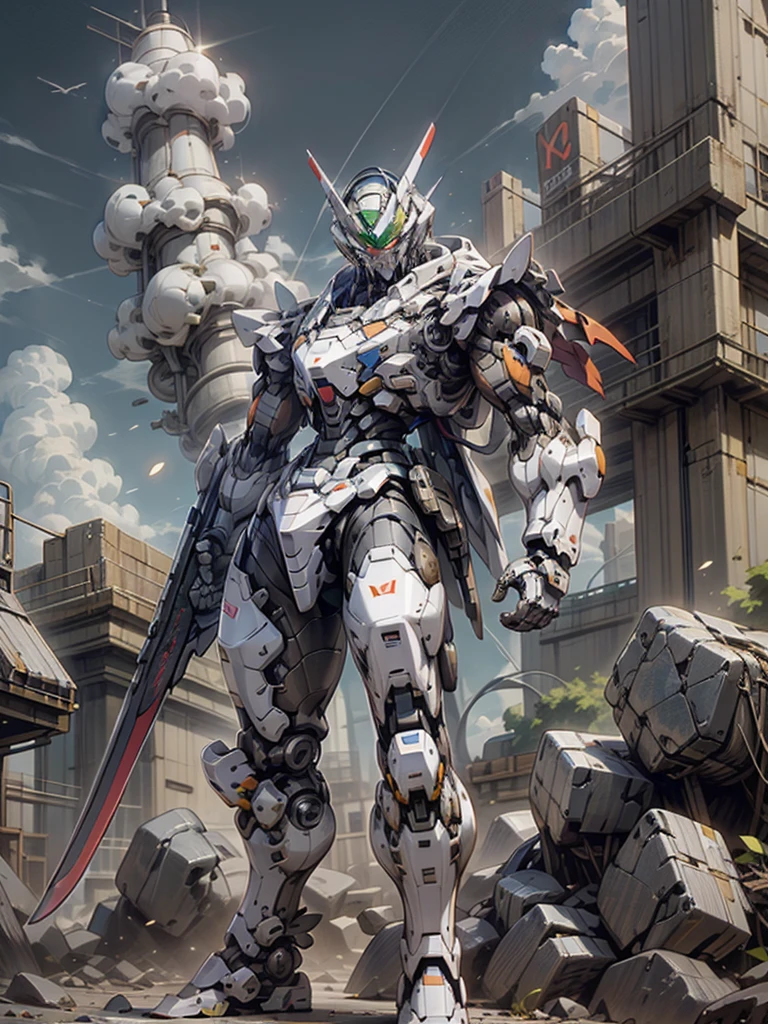 ((Best Quality)), ((Master Works)), (Very Detailed: 1.3), 8K, cool painting, full of sci-fi atmosphere, blue mecha looking up sideways at the sky, blue, gilded blue, holding a sword, swords scattered, streamlined blue armor, complex weapons and equipment behind it, Gundam humanoid mech, anime mecha aesthetics, perfect body proportions, head-up view, standing posture, military giant mecha, missiles, rocks, futuristic technology, realism, dark clouds in the sky, dark war background, Ray Tracing, Light Particle, NVIDIA Trtx, Super Resolution, Unreal 5, Subsurface Scattering, Specular and Albedo Mapping, Rule of Thirds, Large Aperture, Battle Stance, 8K Raw Data, High Efficiency Subpixels, Subpixel Convolution, Light Particle, Light Scattering, Tyndall Effect, Ray Tracing.