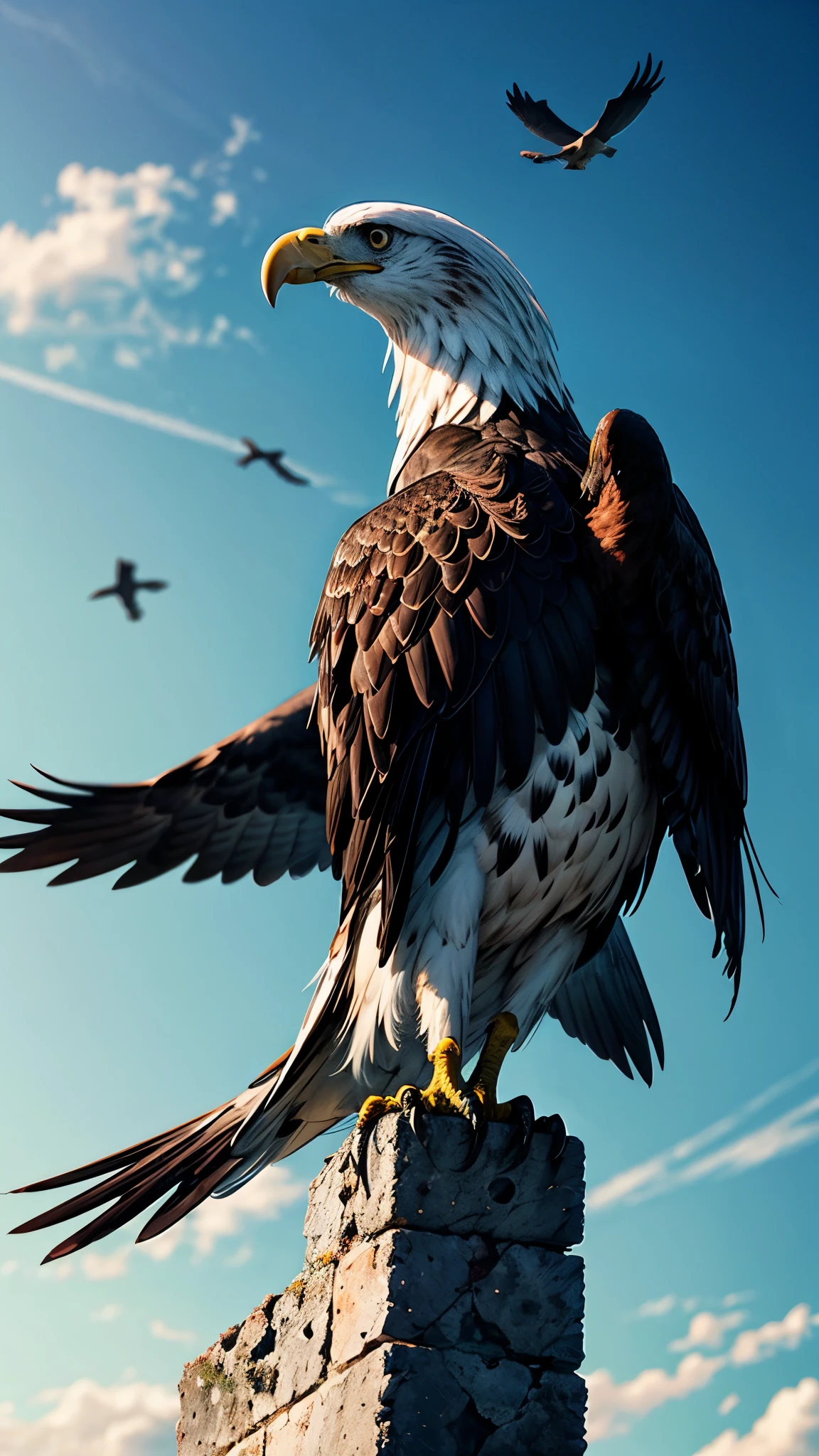 eagle's ignoring crow, against a vibrant sky