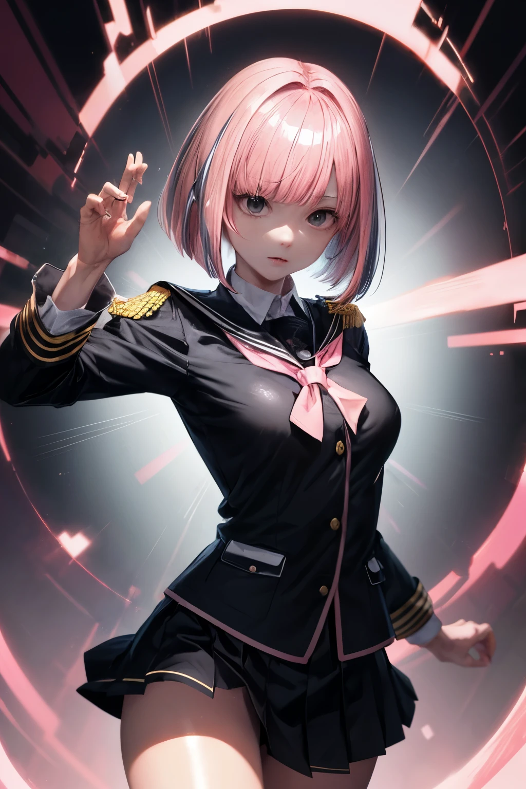 (disorganized, High resolution, Super detailed), 1 girl, mature woman, ((pink hair:1.5)), ((bob cut 1.5)), break, ((black eye)), shortcut, ((straight hair)), break, ((Schoolgirl's shiny black uniform:1.5)), small eyes and small face, Highly detailed CG Unity 8K wallpaper, intricate details, break , kaleidoscopic images, symmetrical pattern, Bright colors, geometric shapes, fascinating design, optical illusion, dynamic composition break , pantomime art, expressive body language, quiet story, evocative gesture, visual story, theatrical performances break , fantasy-inspired, peaceful scenery, big breasts, model pose, sexy,