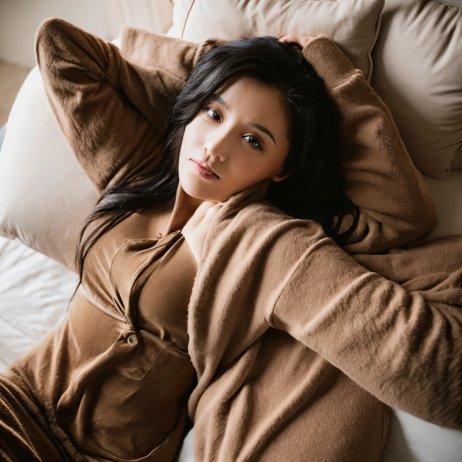 A beautiful dark-haired woman wearing sexy pajamas and black hair is lying on the bed