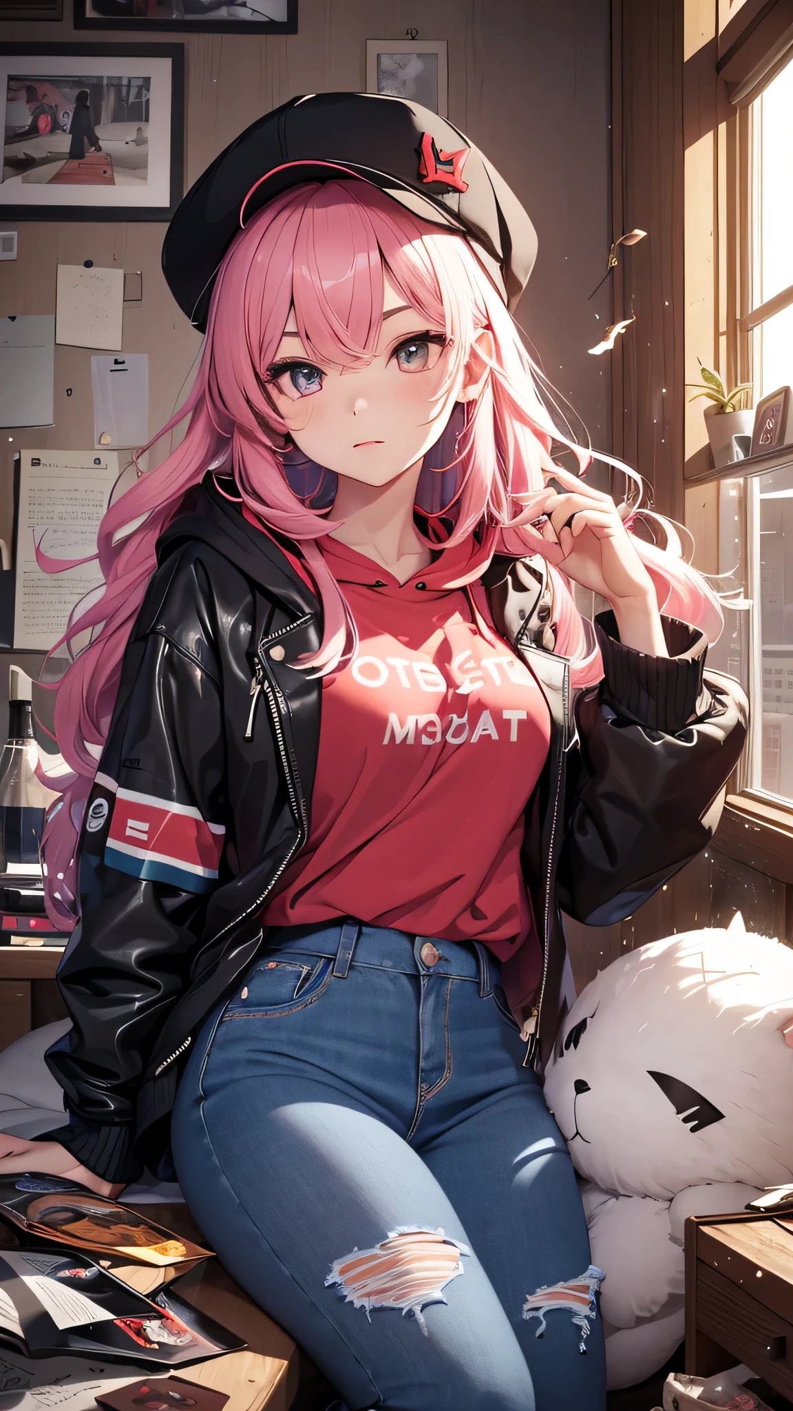 最high quality、best image quality、masterpiece、age girl((18-year-old、 By becoming、vest bust、medium bust,wide open breast tea、black eye, pink hair、long hair、thin,highest valley、toned chest、Have a smartphone、Selfie Pose、fear顔、red hat、Multicolored shirts、Damaged jeans pants、knee high boots、fear、pale、black hoodie)),high quality、beautiful art、background((Remains、messy room、broken wall、midnight、)),debris flies、Depth of written boundary、movie、visual art、perfect art、8K,genuine