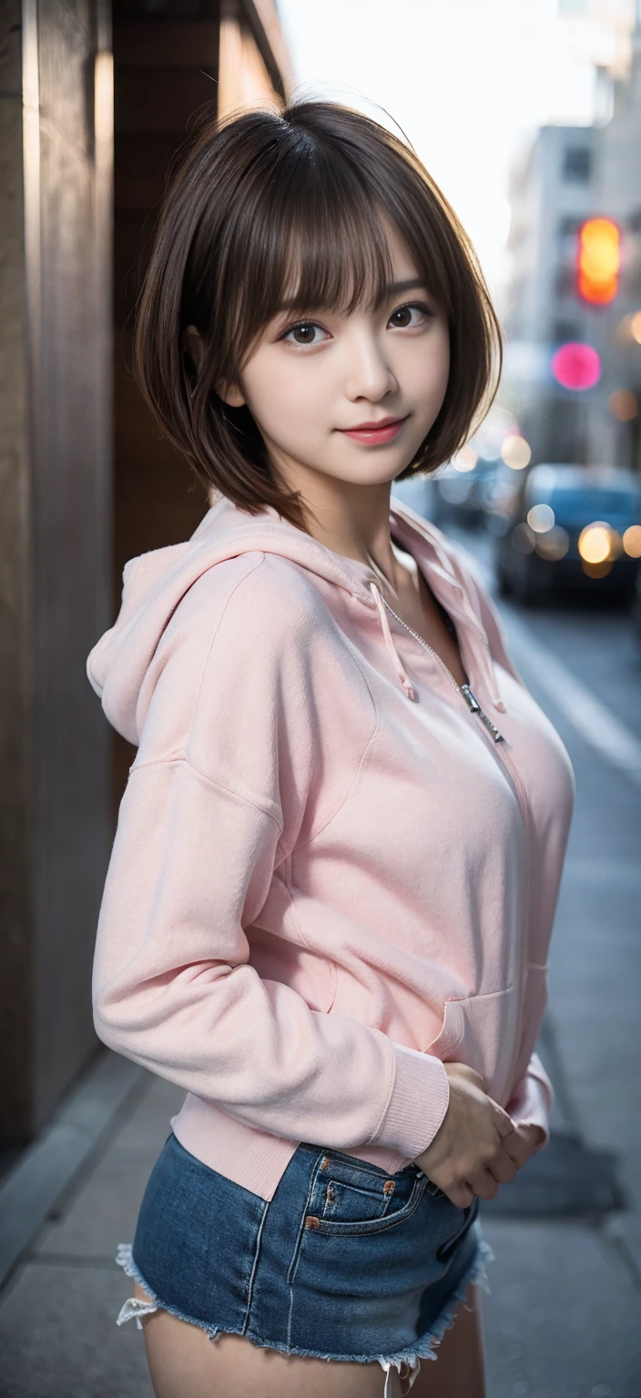 buttocks, from below, looking at camera, naked body, Pink hoodie with zipper and low-rise denim miniskirt, 階段from below見上げるアングル, kiss face, idol face, handsome face, blur the background, bob cut, huge boobs, ************,  In addition, smile, masterpiece, highest quality, RAW photo, realistic, beautiful girl, cute, short hair, Depth of written boundary, High resolution, Super detailed, small details, very detailed, very detailedな目と顔, sharp pupils, cinematic lighting