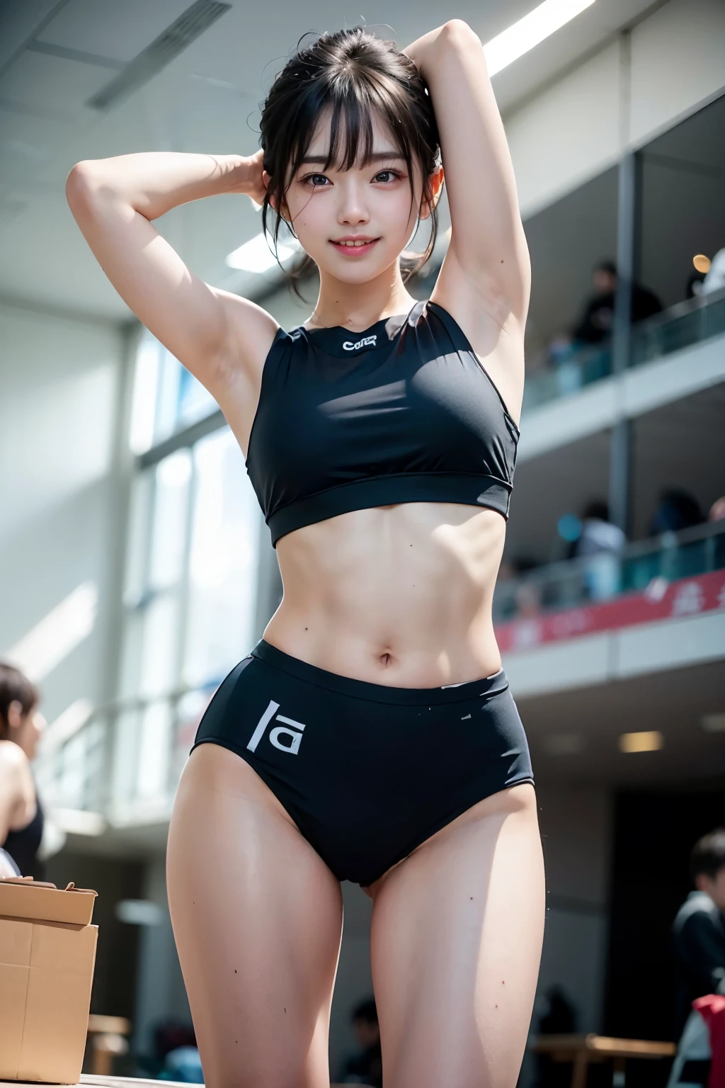 (show your armpits:1.4), (put your hands behind your head:1.2),15 year old girl、cowboy shot、(thighs, from below:1.3), smile、Brighten your face、big breasts、むちむちなthighs、Plump breasts、S-shaped pose、(bright red track uniform, sportswear, sports bra, sport bikini:1.3)、rikujou, athletics stadium, hanikami、smile、shortcut, (background bokeh:1.2)、(highest quality:1.0), (realistic:1.0), (8K, RAW photo:1.1), (8k非常にbecome familiar withなCGユニットの壁紙), (highest quality), (best illustrations), (best shadow), (become familiar with: 1.4), 3D, HDR (high dynamic range), ray tracing, NVIDIA RTX, super resolution, scattered below the surface, PBR texture, Post-processing, anisotropic filtering, Depth of written boundary, maximum sharpness and acutance, multilayer texture, Albedo and highlight mapping, surface shading, Accurate simulation of light-matter interactions, perfect proportions, octane rendering, 超realistic、Photographed with Canon EOS R5、50mm lens、f / 2.8