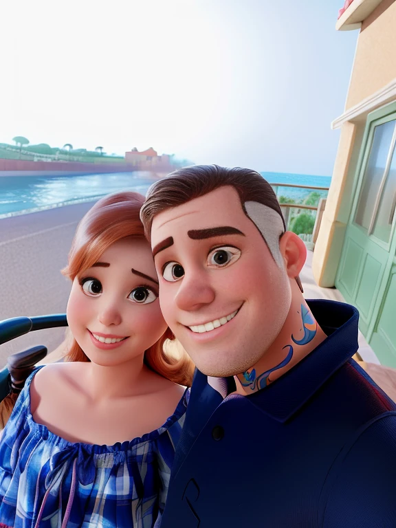 Casal (homem moreno e mulher branca) no estilo Disney Pixar, alta qualidade, melhor qualidade.