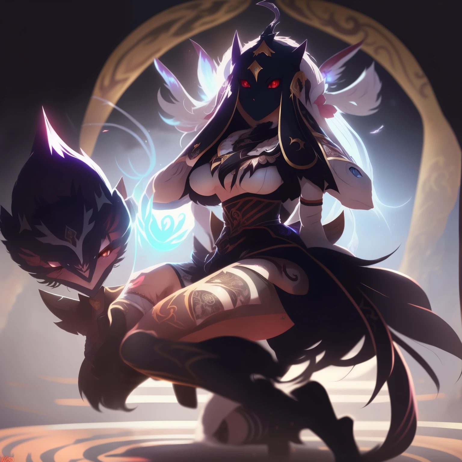 anime - style image of a woman dressed in a black outfit and head with horns, Ahri, samira da liga das lendas, estilo de arte de League of Legends, arte antropo, do feiticeiro antropo leopardo, Arte estilo League of Legends, Akali, da liga das lendas, mago raposa negra, arte detalhada de onmyoji, irelia, portrait of Ahri