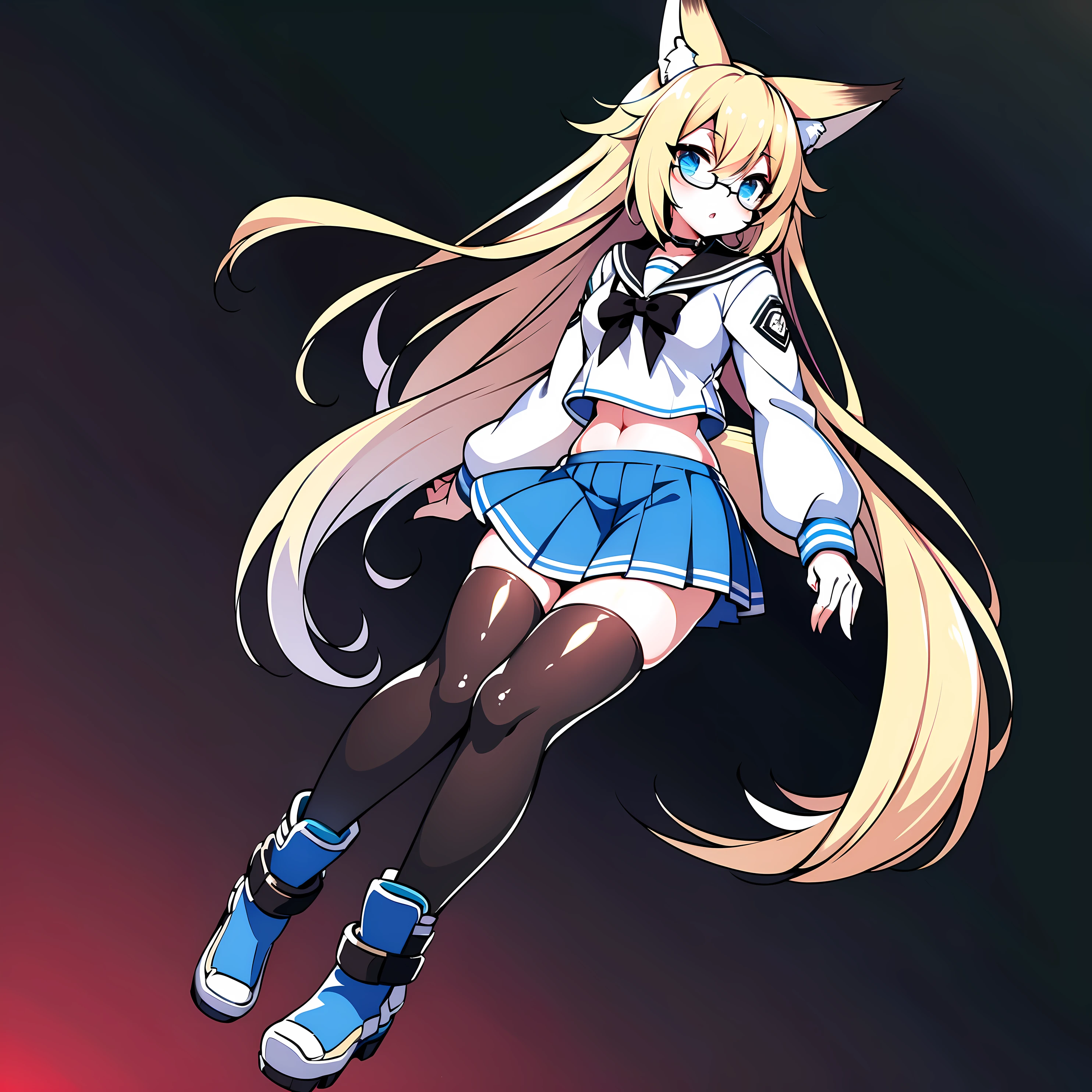 8k, resolution, high quality, high resolution, best quality, extremally detailed, best resolution, absurd resolution, ray tracing, high detailed, masterpiece, extremely detailed,shoulder length white hair, female,2 white wolf ears, teenage girl, slim body, white scale dragon tail,black boots,black leggings, navel blue school skirt, sailor shirt, white jacket, medium size chest, detailed blue eyes, detailed beautiful face,solo female,1 dragon tail, detailed eyes, tomboyish,black frame glasses, 1 fox tail, fluffy tail