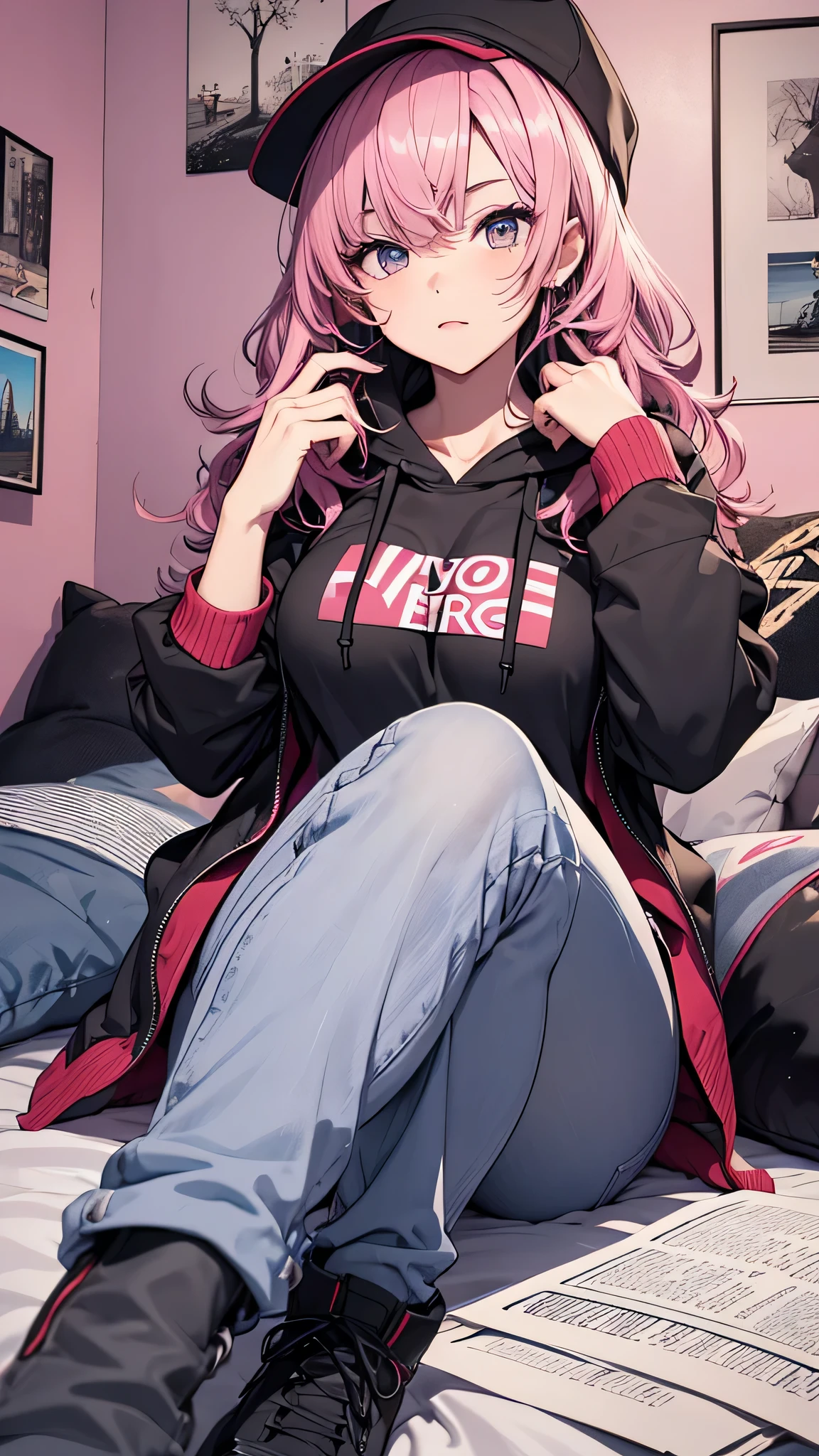 最high quality、best image quality、masterpiece、teenage girl((18-year-old、 By becoming、vest bust、medium bust,wide open breast tea、black eye, pink hair、long hair、thin,highest valley、toned chest、Have a smartphone、Selfie Pose、red hat、Multicolored shirts、Damaged jeans pants、knee high boots、black hoodie)),high quality、beautiful art、background((on the bed、pink walls)),debris flies、Depth of written boundary、movie、visual art、perfect art、8K,genuine