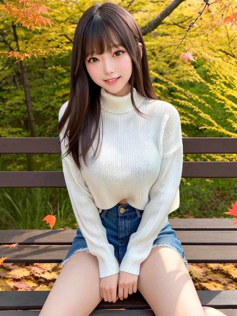 must-have、NSFW、1 girl per photo、High resolution、cowboy shot、Front view、Japanese young cute girl、long bob hair、Sitting on a wooden bench along the colorful autumn leaves of Japan、big smile、Wearing a white turtleneck knit、wearing a jean skirt、Wearing long black leather boots、super cute face、glossy lips、double eyelids of both eyes、natural makeup、shiny smooth light brown hair of a long bob hair、asymmetrical bangs、High resolution、high detail、detailed hairstyles、detailed face、movie lighting、octane rendering、surreal、perfect limbs、perfect anatomy、emphasize the chest、looking at the camera、high angle、show teeth(open mouth)、long tongue、F cup、Sexy knit that emphasizes big breasts、all fours