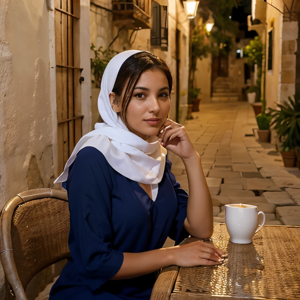 Old port in Bizerte, cafes with gardens, hot evening, Ramadan lamps, a girl in a white scarf and a navy dress drinks coffee at the table