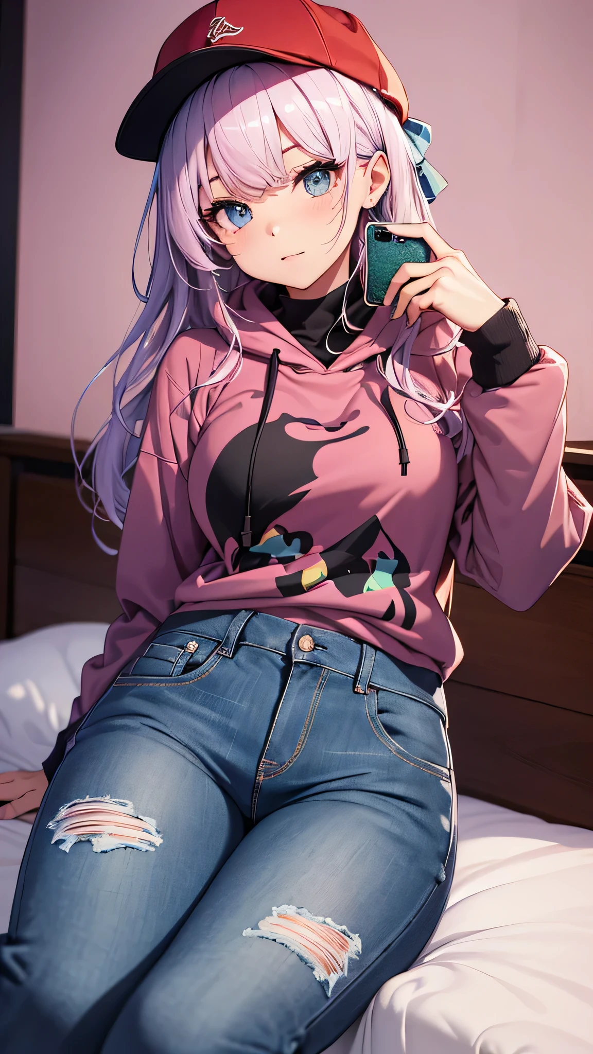 最high quality、best image quality、masterpiece、teenage girl((18-year-old、 By becoming、vest bust、medium bust,wide open breast tea、black eye, pink hair、long hair、thin,highest valley、toned chest、Have a smartphone、Selfie Pose、red hat、Multicolored shirts、Damaged jeans pants、knee high boots、black hoodie)),high quality、beautiful art、background((on the bed、pink walls)),debris flies、Depth of written boundary、movie、visual art、perfect art、8K,genuine