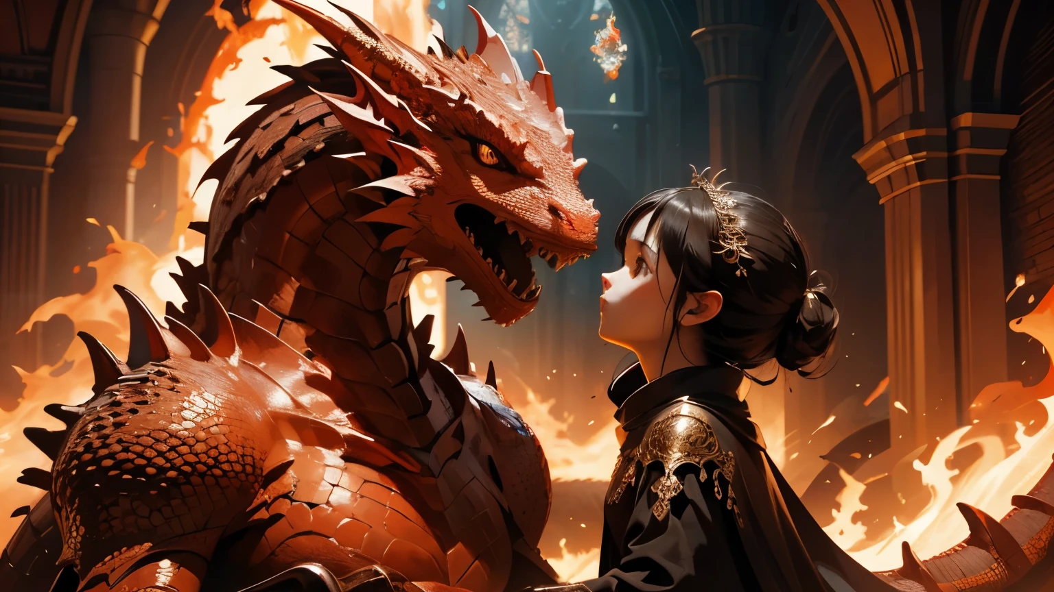 (best quality), (high detail), the beautiful queen of the dragons with her most loved dragon holding her daughter, (fire red 1:1), HDR, UHD, 4K, 8K, 3D.