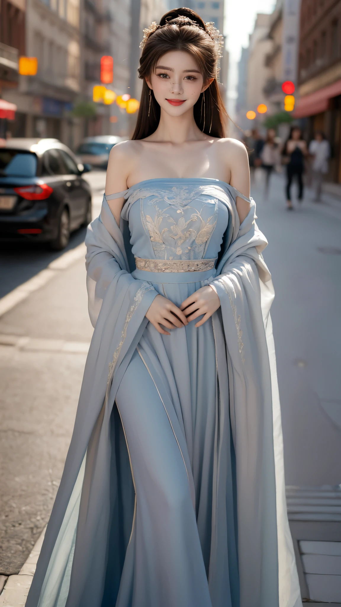 ((best quality, 8k, masterpiece :1.3)), 1 girl, smiling, whole body, face slimming, pretty Woman, (dark brown hair), full length dress :1.1, Super detailed face, delicate eyes, double eyelids, blurred background, face slimming, City, external, street,