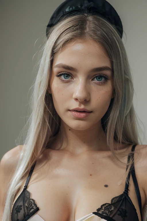 perfect white woman with long platina hair , 1 eye green 1 eye blue, freckle on her face, beautifuel body wearing black lingerie